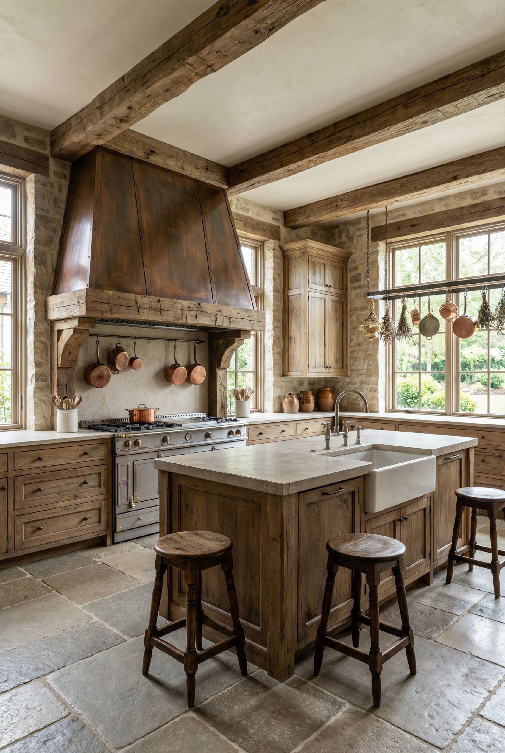 Luxury French Country Rustic Kitchen with Grand Range Hood and Aged Wood Elements