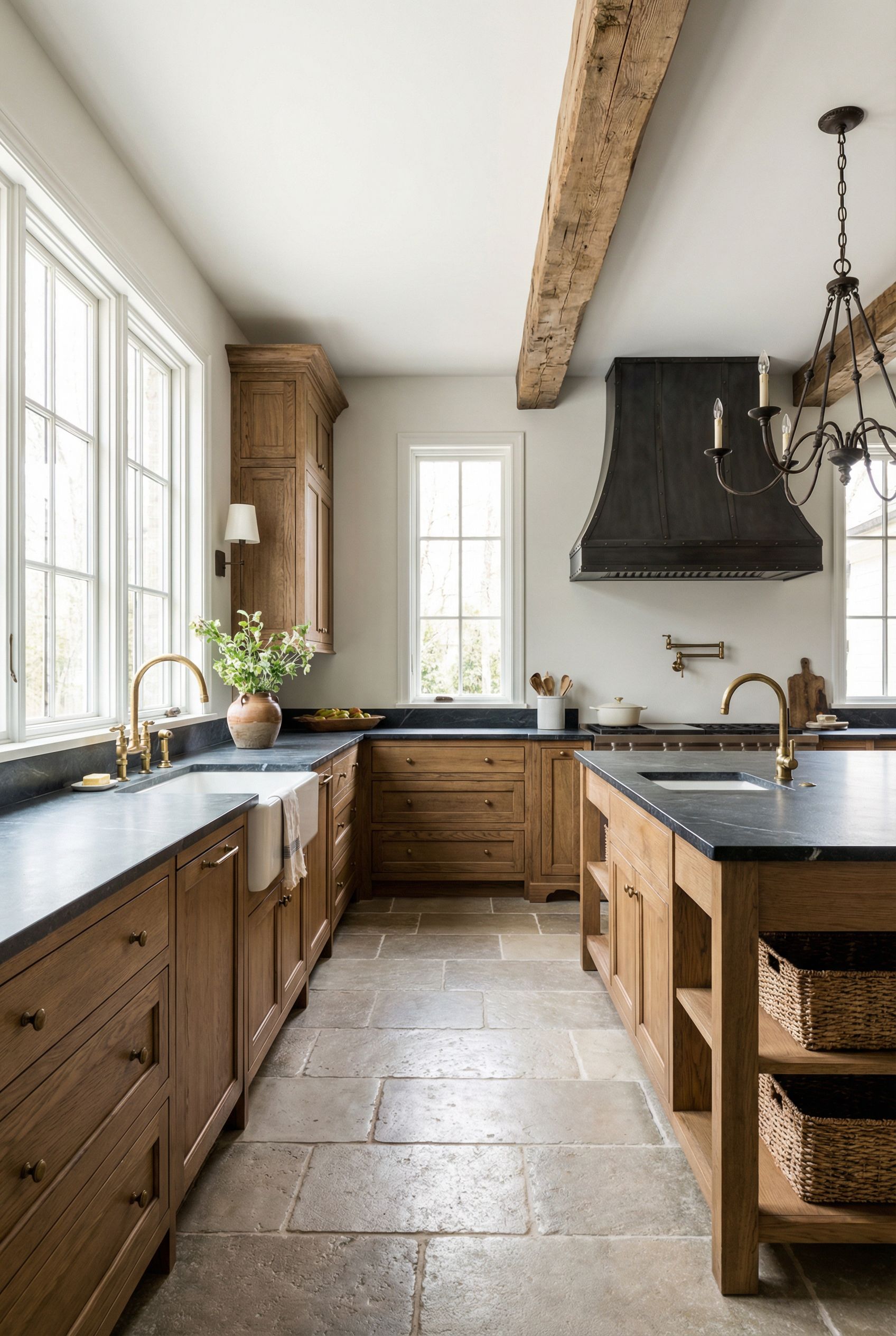 Luxury French Country Rustic Kitchen with Iron Hardware and Rich Natural Materials