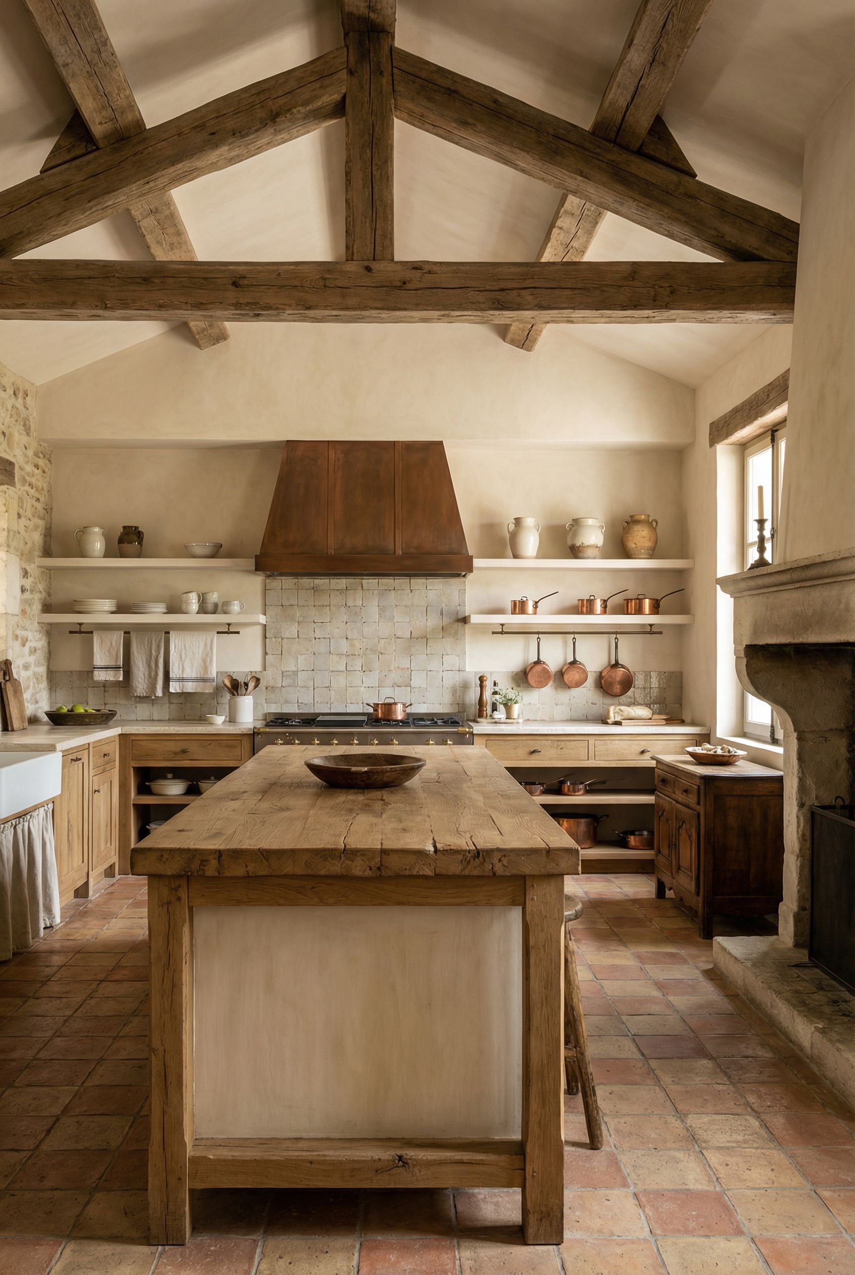 Luxury French Country Rustic Kitchen with Layered Textures and Classic European Warmth