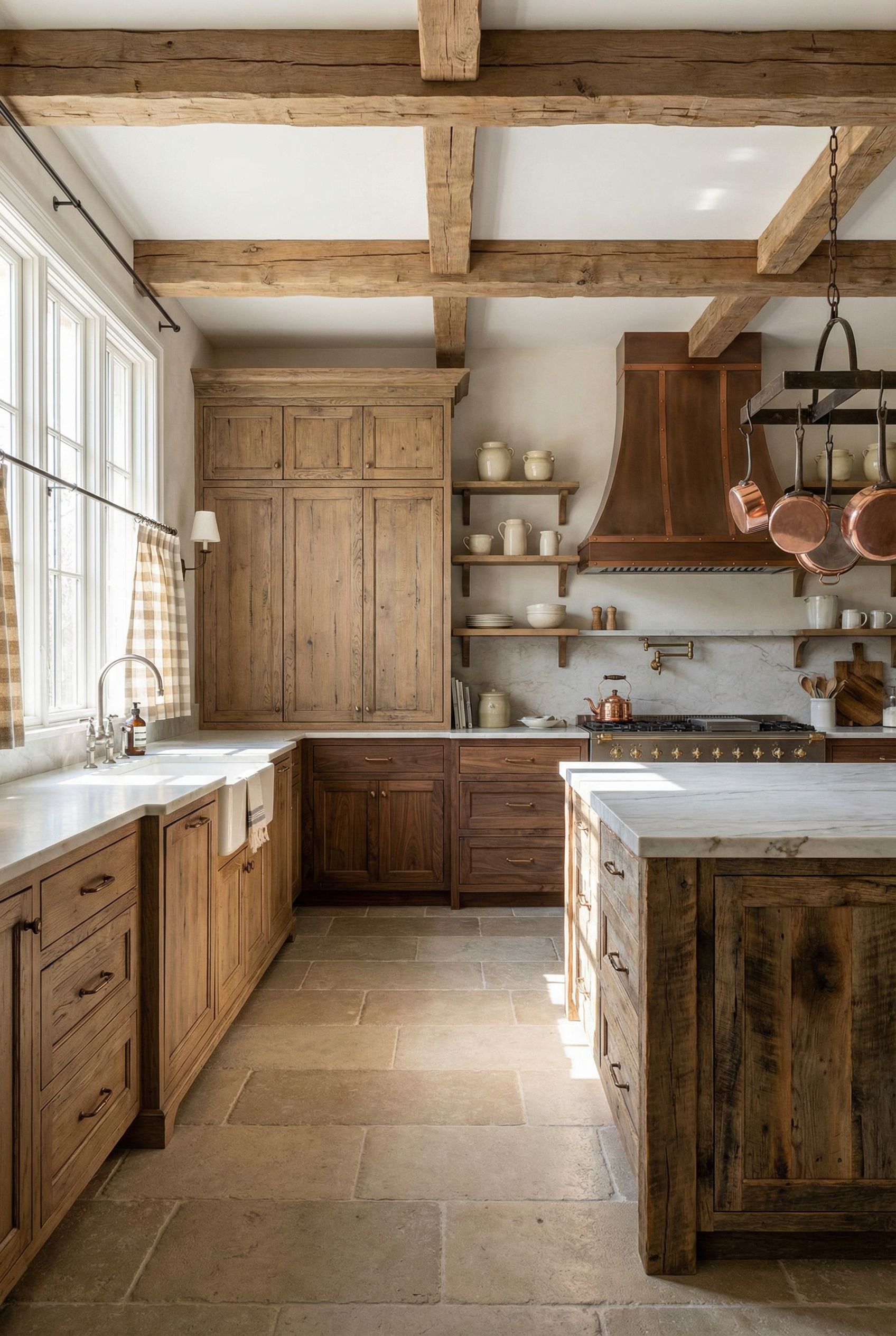 Luxury French Country Rustic Kitchen with Mixed Woods and Timeless French Elegance