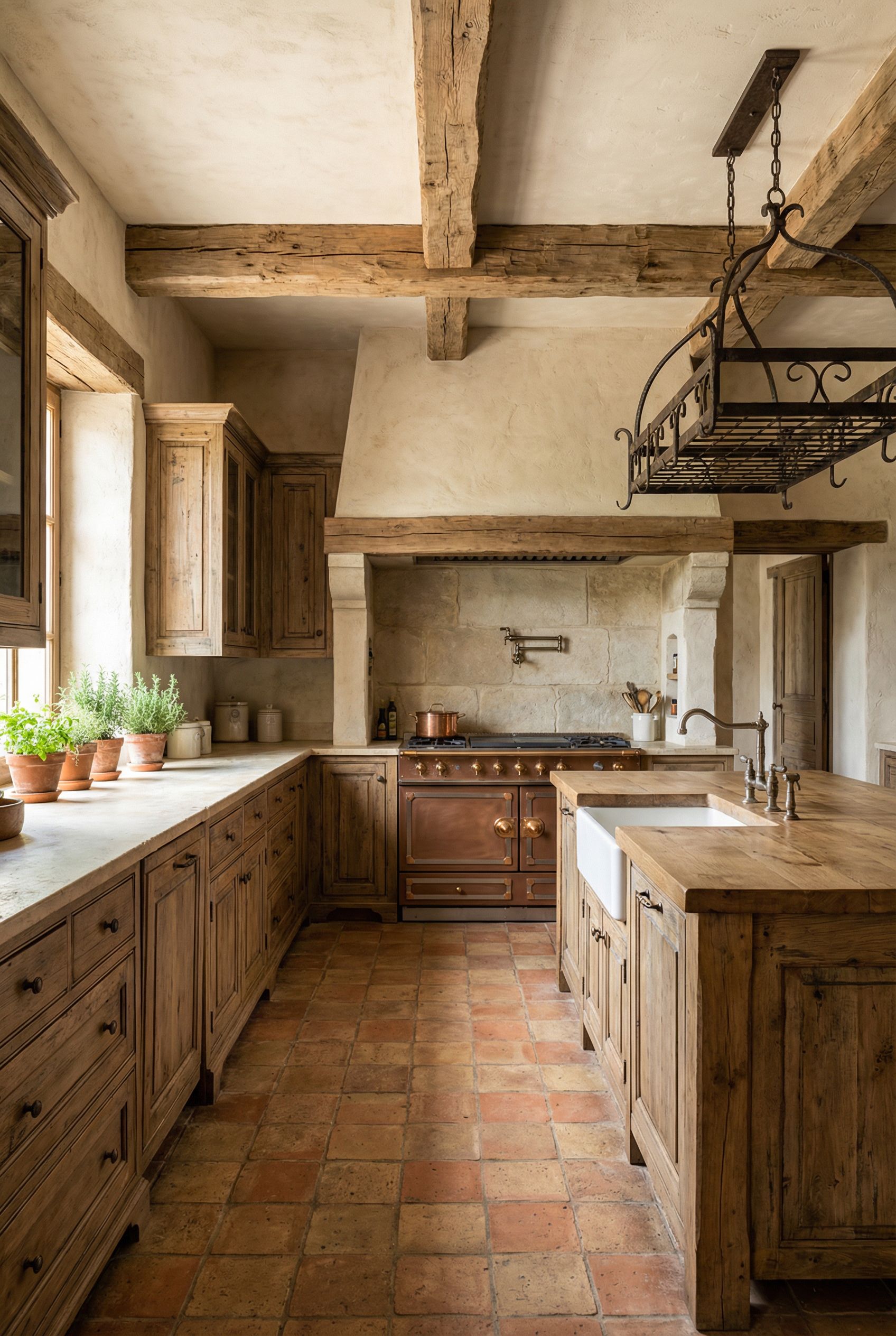 Luxury French Country Rustic Kitchen with Plaster Walls and Handcrafted Wood Details