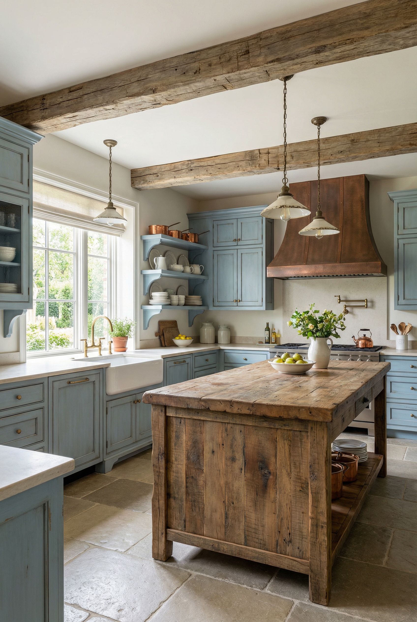 Luxury French Country Rustic Kitchen with Soft Blue Cabinetry and Aged Wood Textures