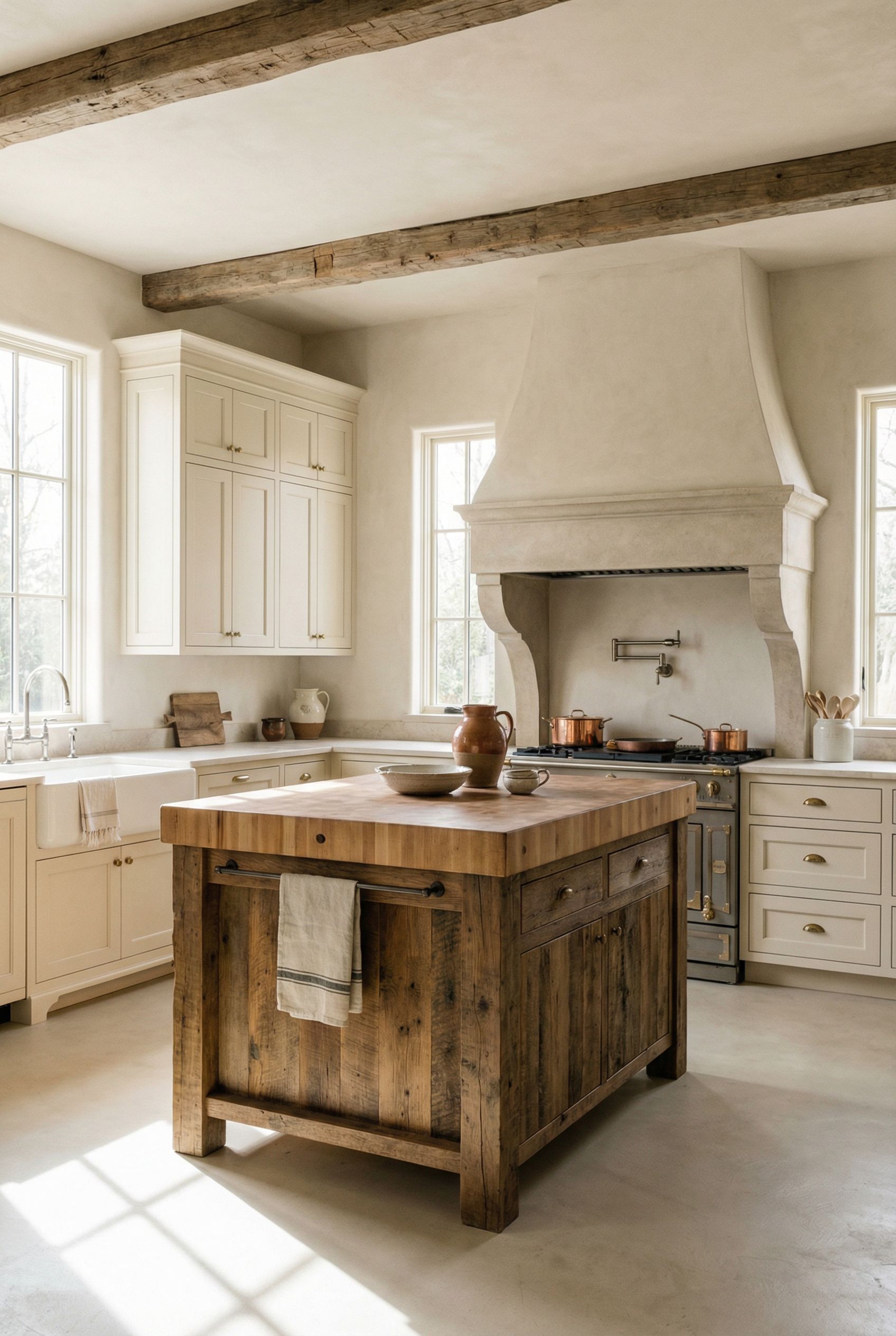 Luxury French Country Rustic Kitchen with Soft Cream Palette and Rustic Wood Accents
