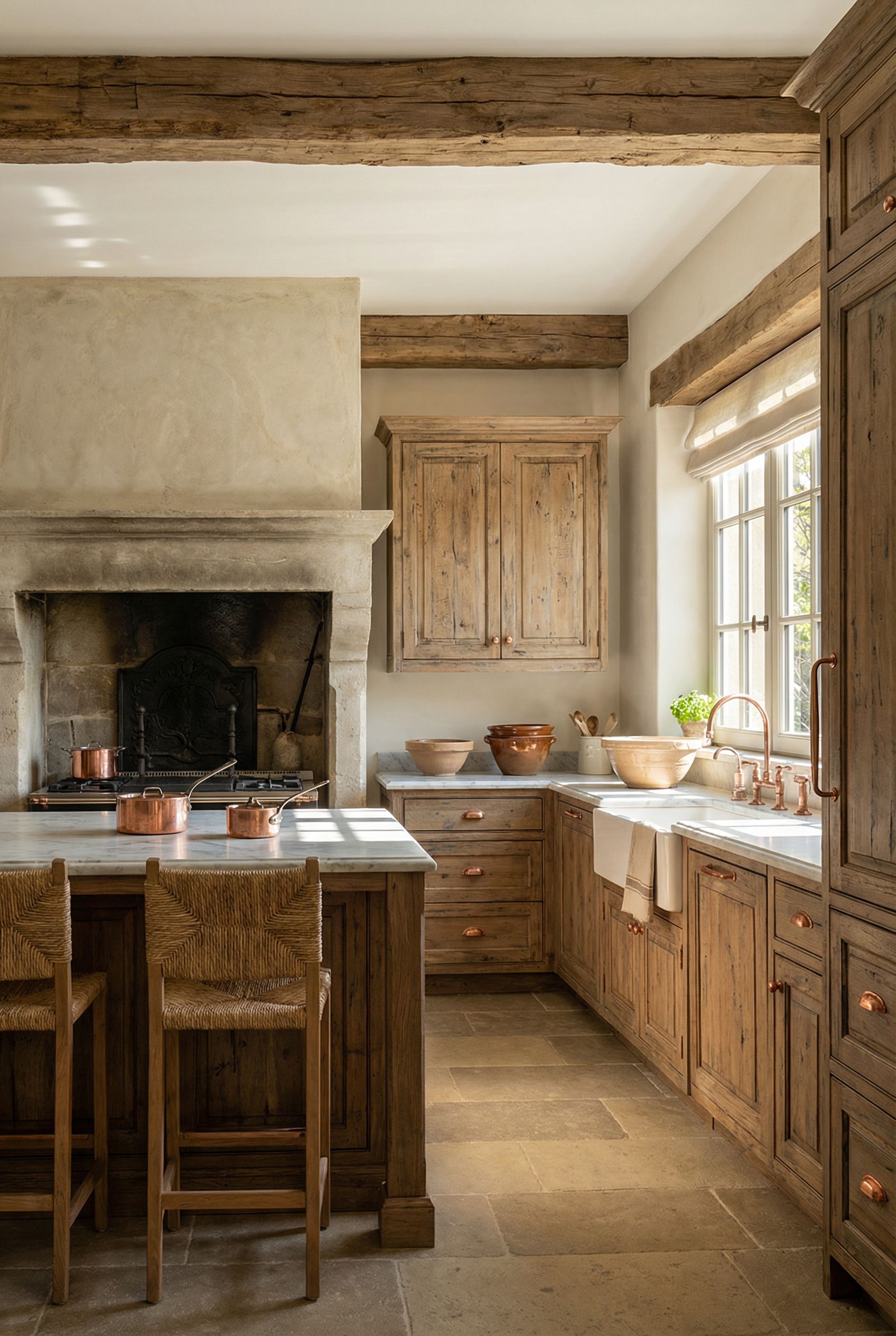 Luxury French Country Rustic Kitchen with Stone Fireplace and Artisan Wood Cabinetry