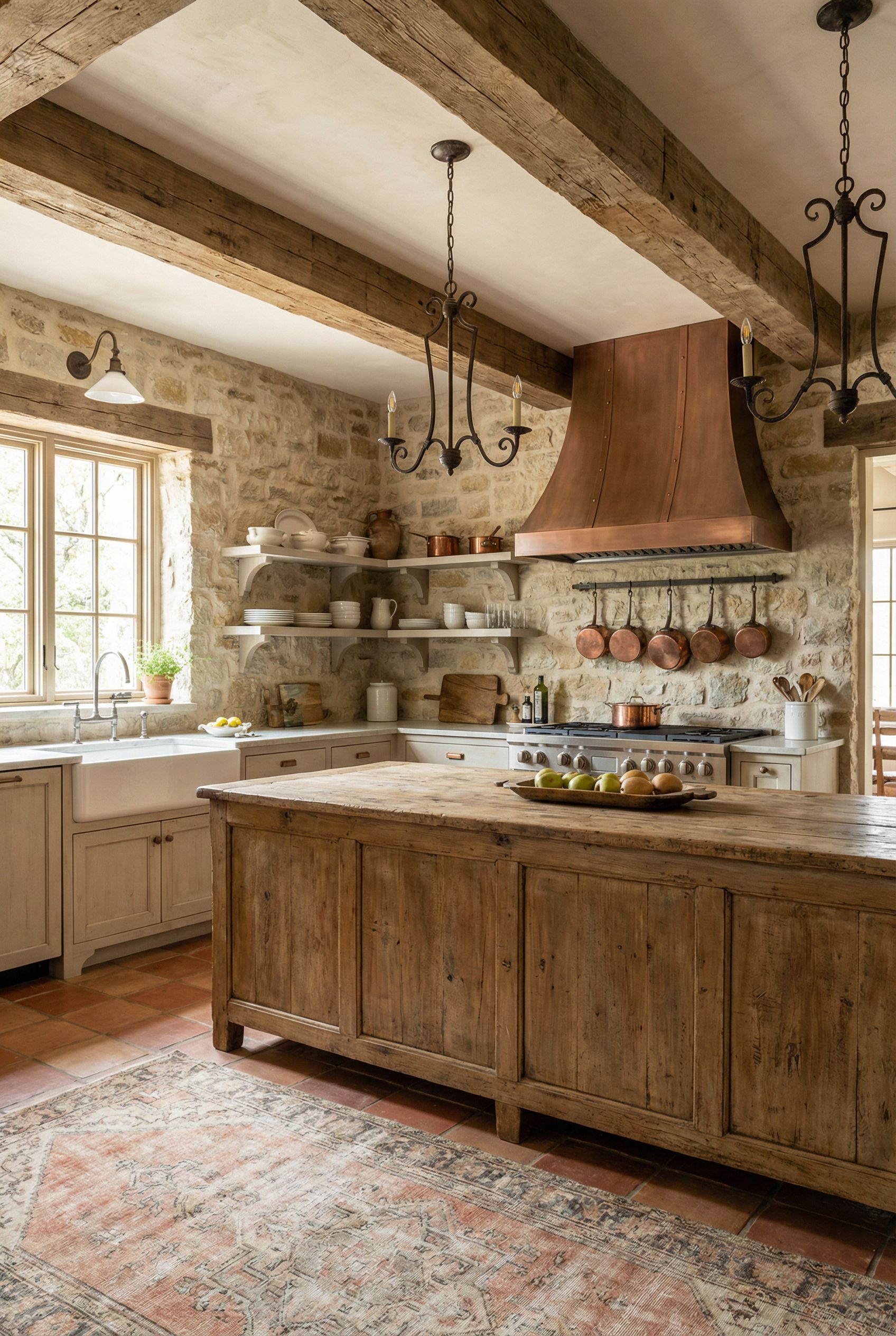 Luxury French Country Rustic Kitchen with Stone Walls and Refined Vintage Details