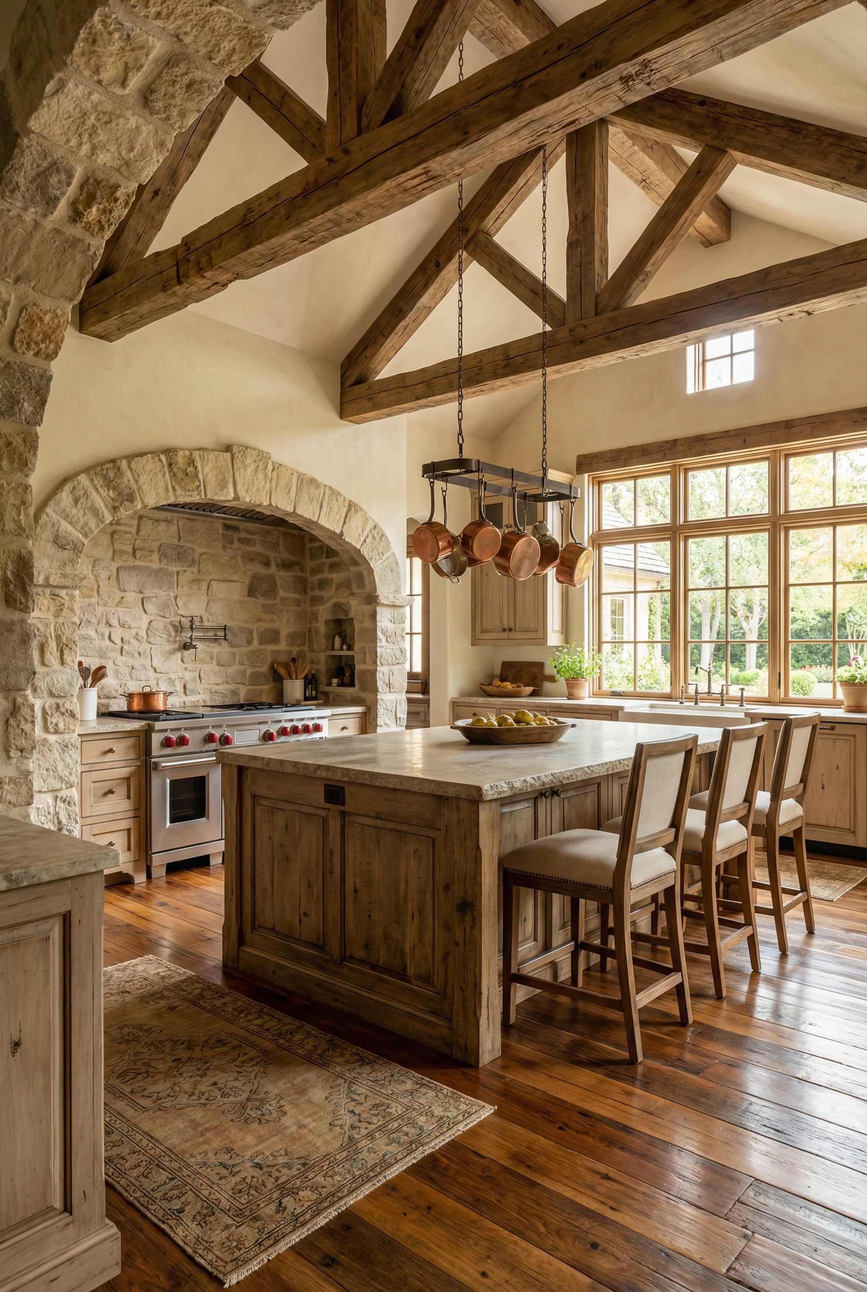 Luxury French Country Rustic Kitchen with Warm Wood Beams and Elegant Stone Accents
