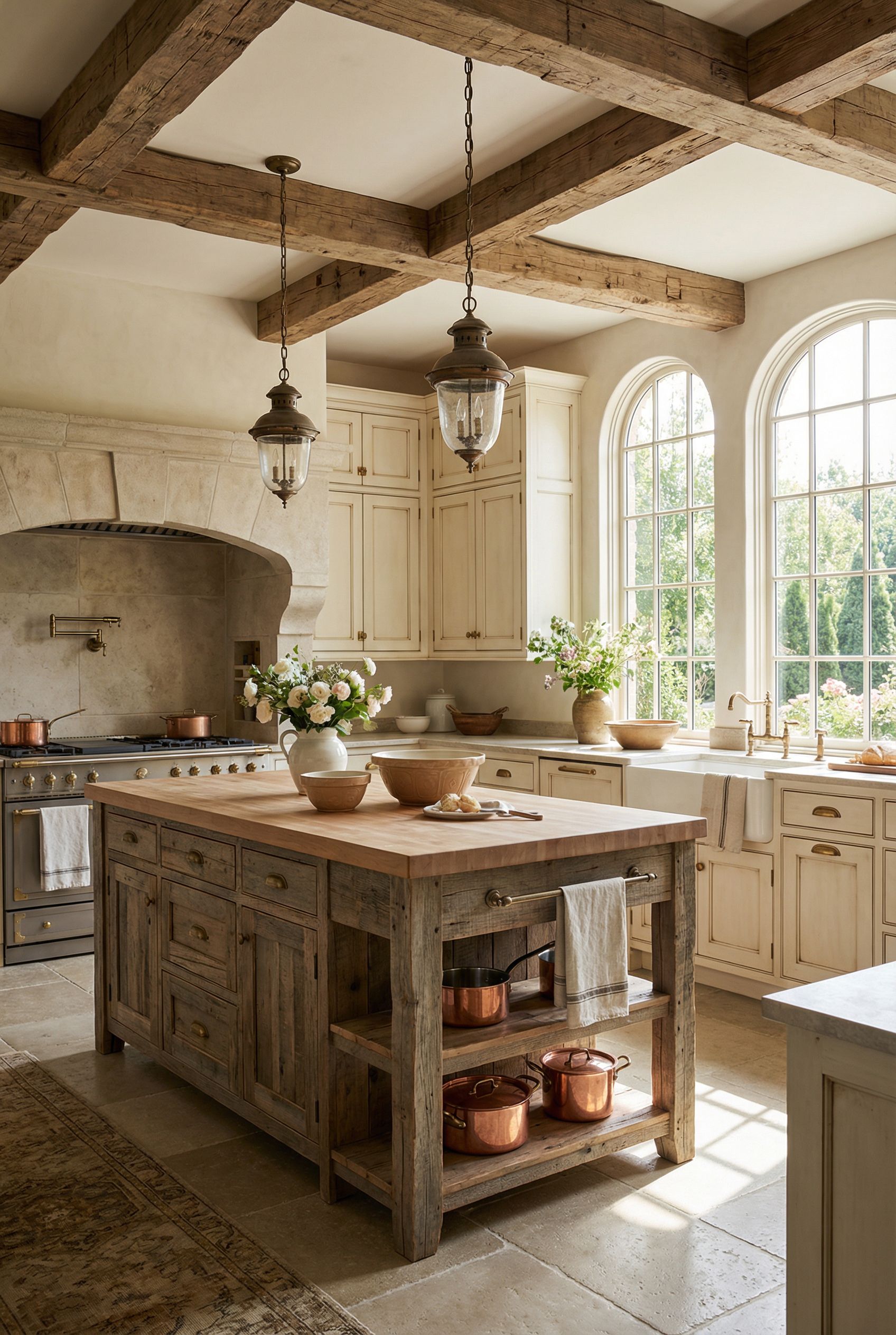 Luxury French Country Rustic Kitchen with Weathered Wood Island and French Chateau Style