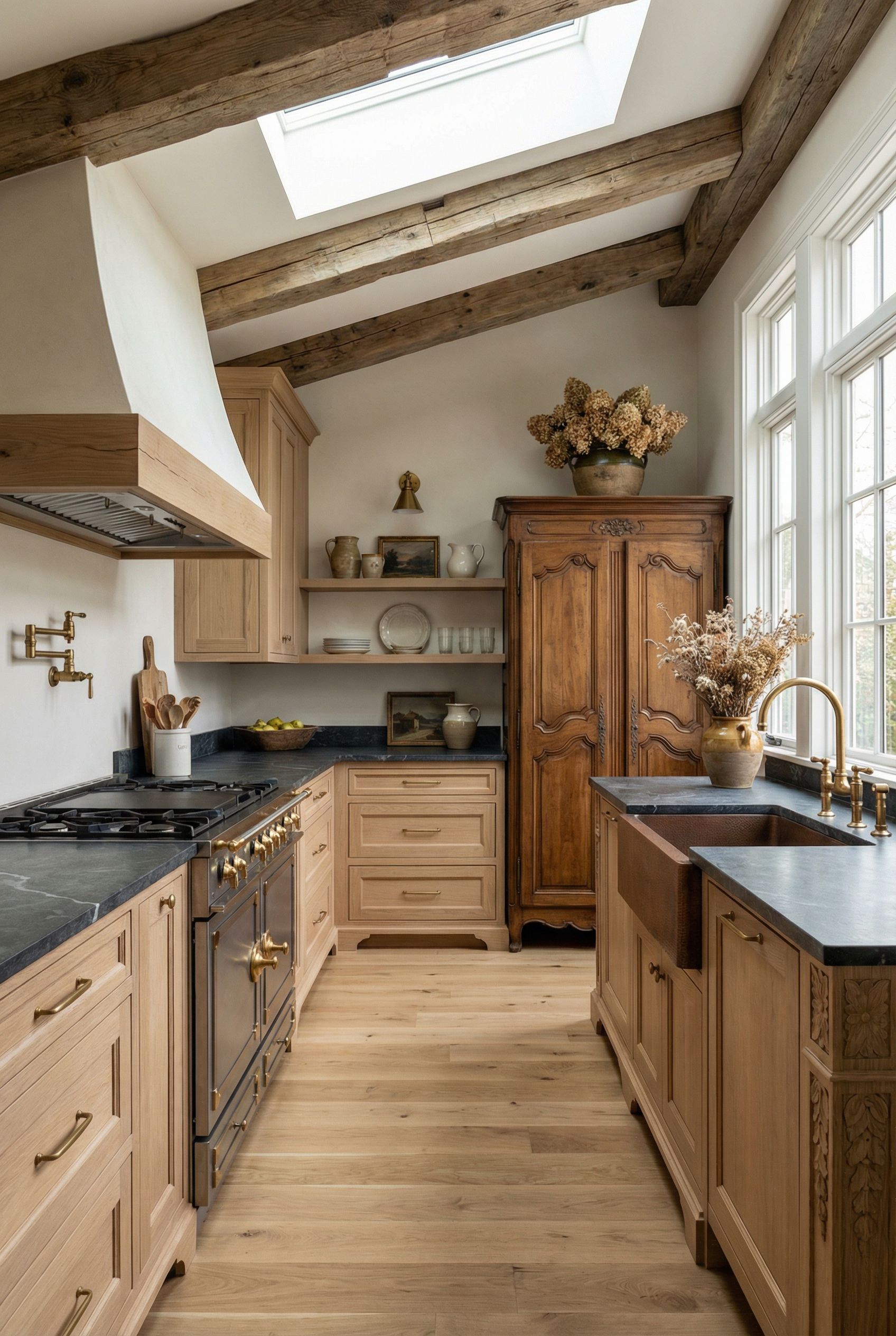 Luxury French Country Rustic Kitchen with White Oak Cabinetry and Subtle Ornamental Touches