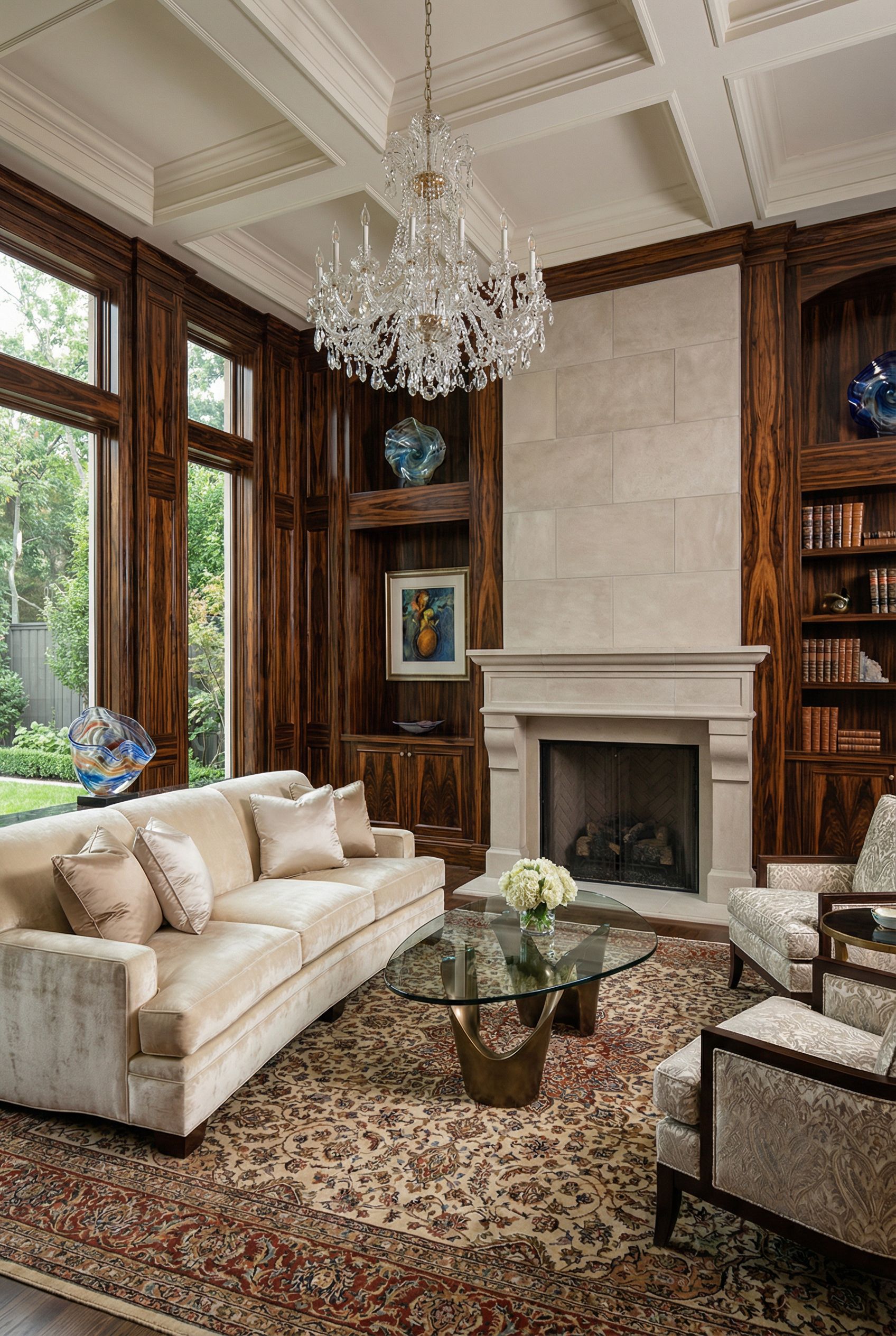 Luxury Living Room Featuring Exotic Wood Paneling