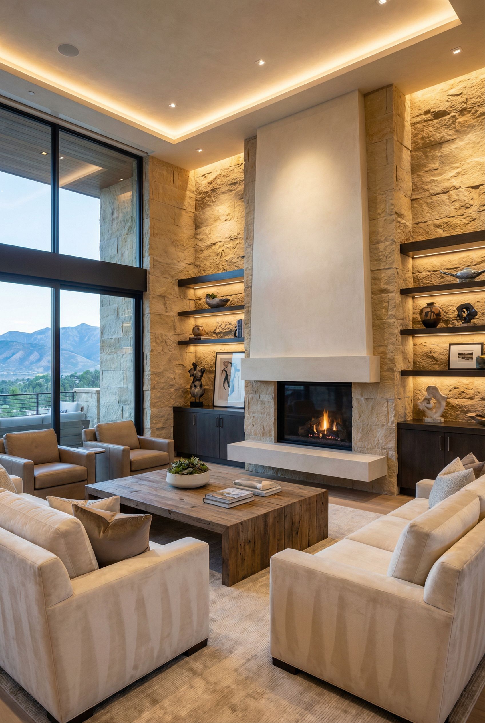 Luxury Living Room Showcasing Architectural Stone Walls