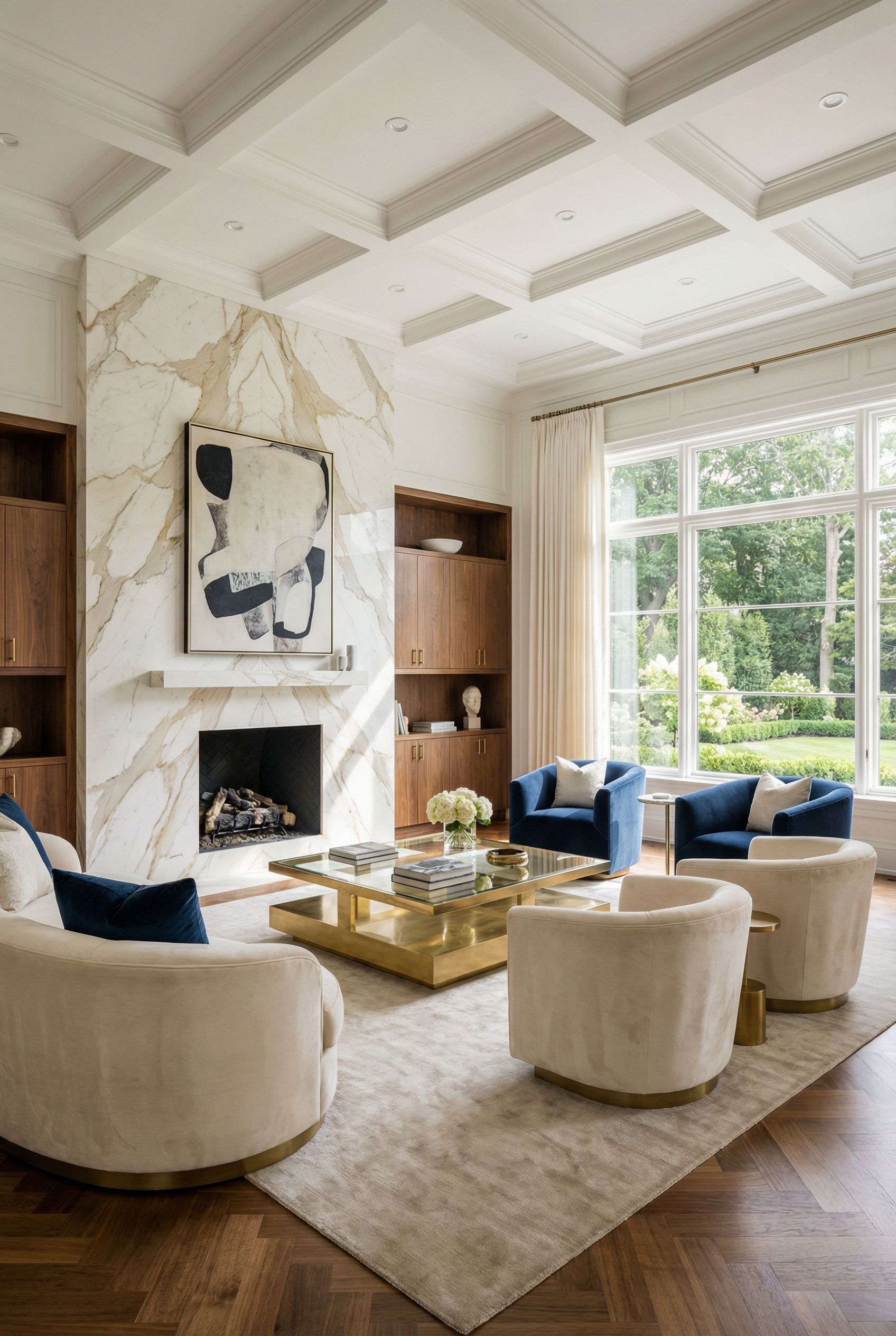 Luxury Living Room with Custom Marble Fireplace