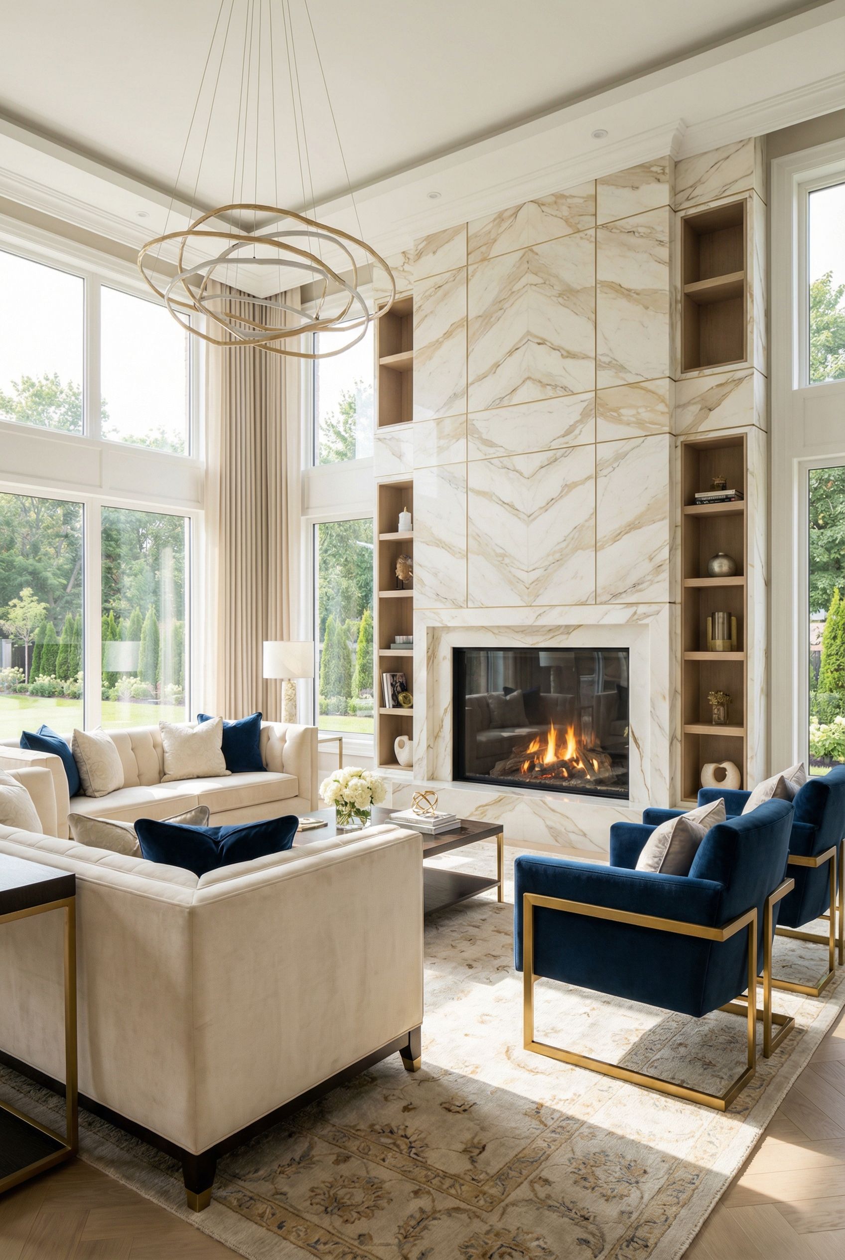 Luxury Living Room with Custom Marble Fireplace