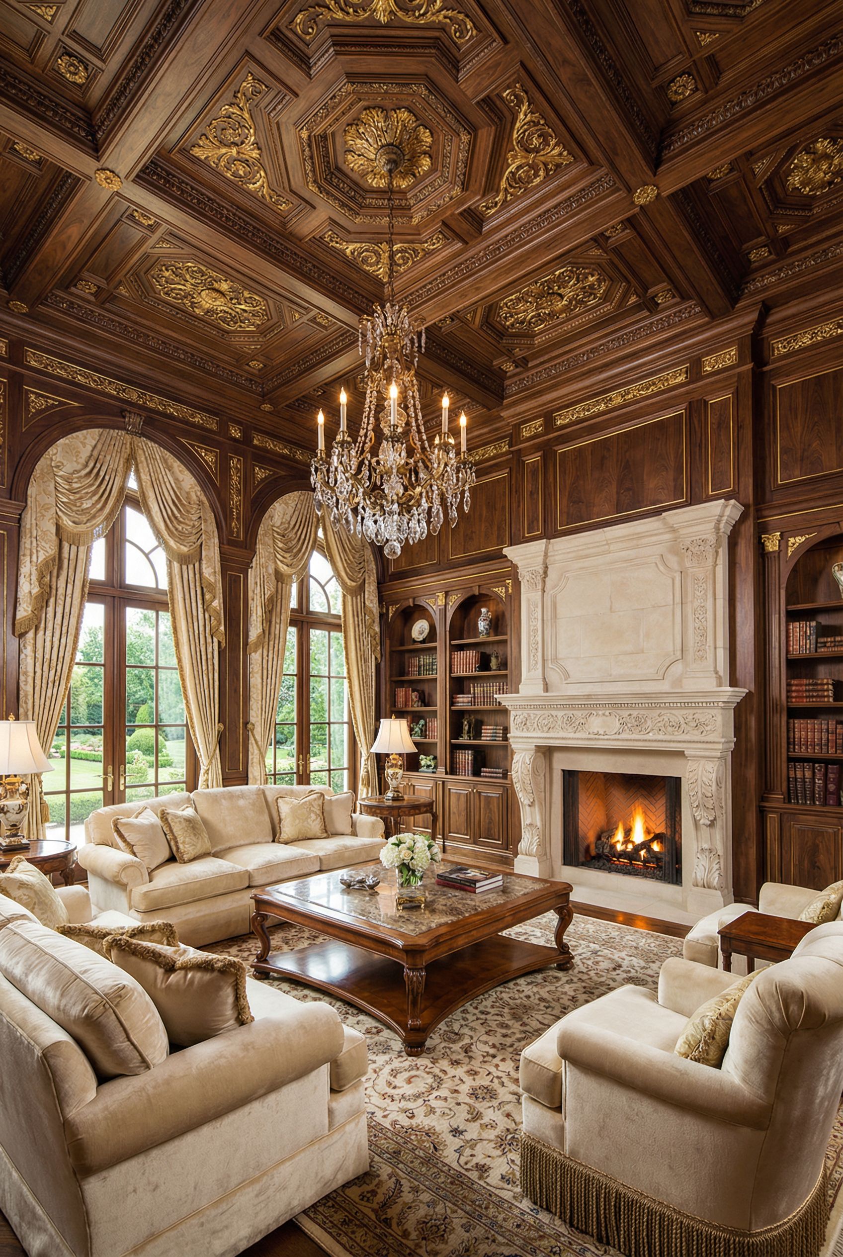 Luxury Living Room with Hand-Carved Ceiling Details
