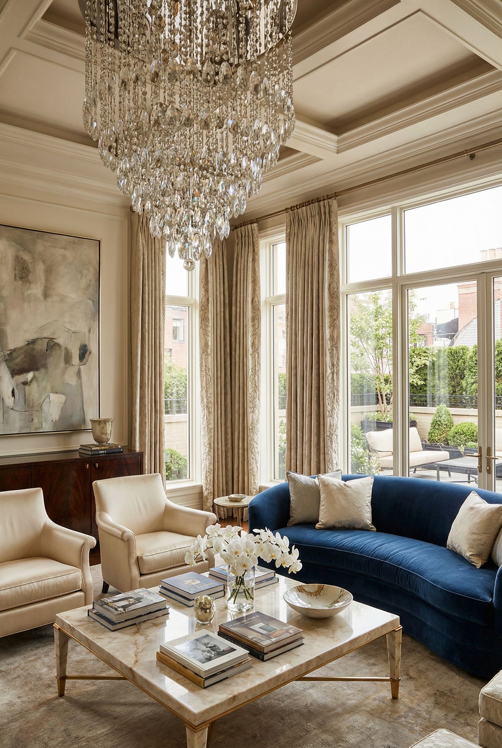 Luxury Living Room with Statement Crystal Chandelier