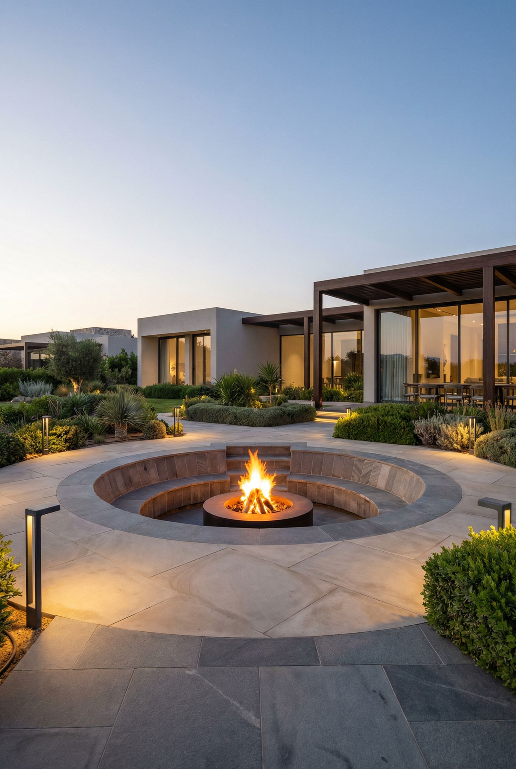Luxury Monolithic Stone Patio with a Dramatic Sunken Fire Chamber