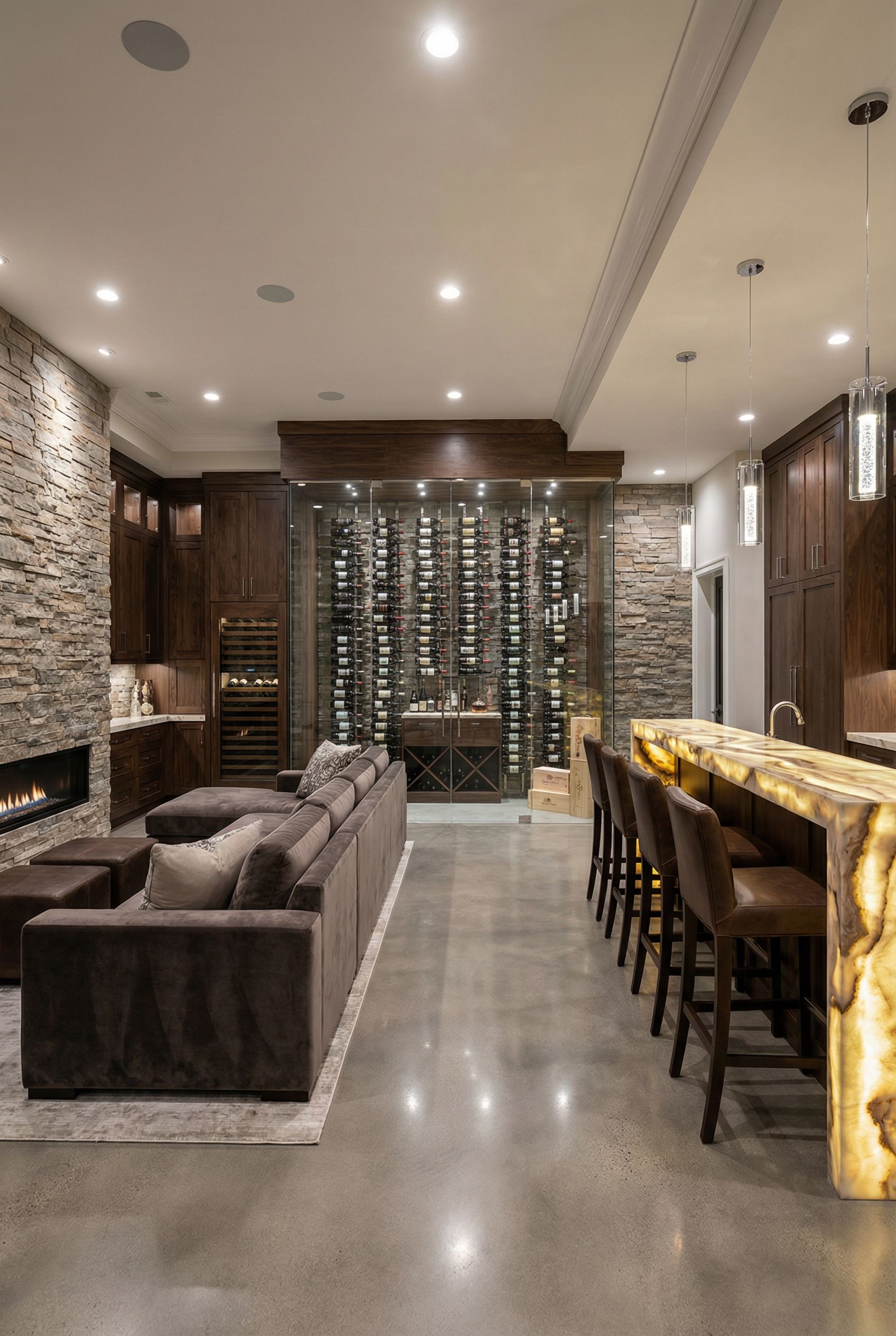 Luxury Open Concept Basement Wine Cellar Lounge