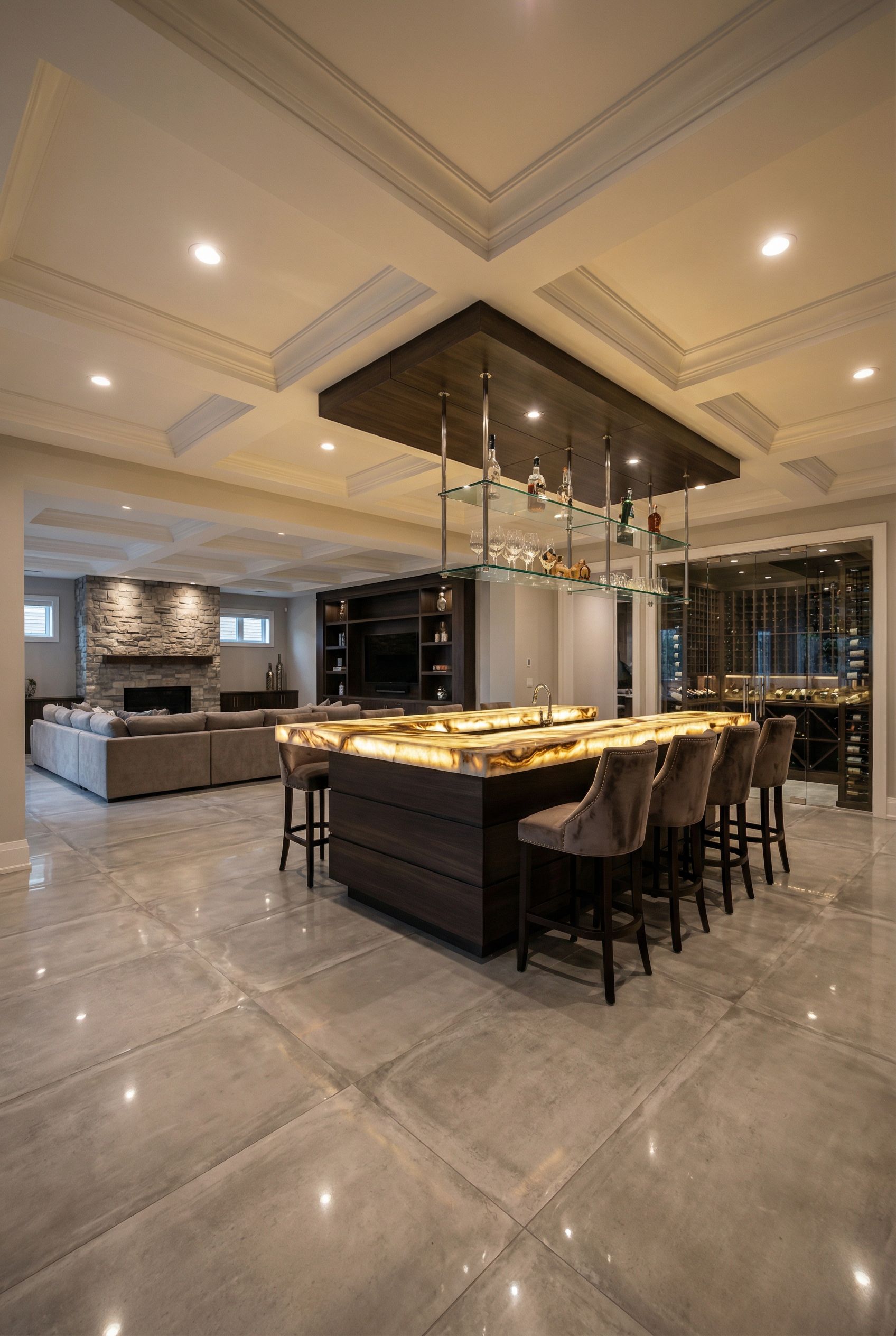 Luxury Open Concept Basement with Floating Bar