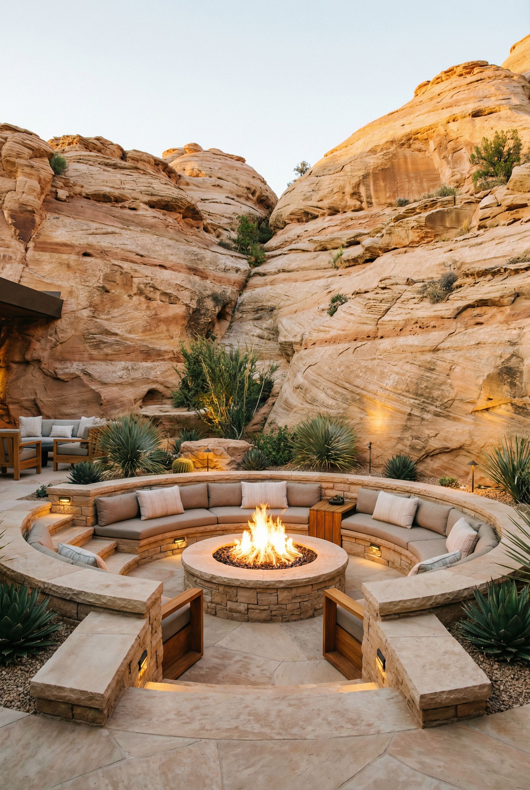 Luxury Patio with Canyon-Style Tiered Walls and an Intimate Sunken Fire Zone