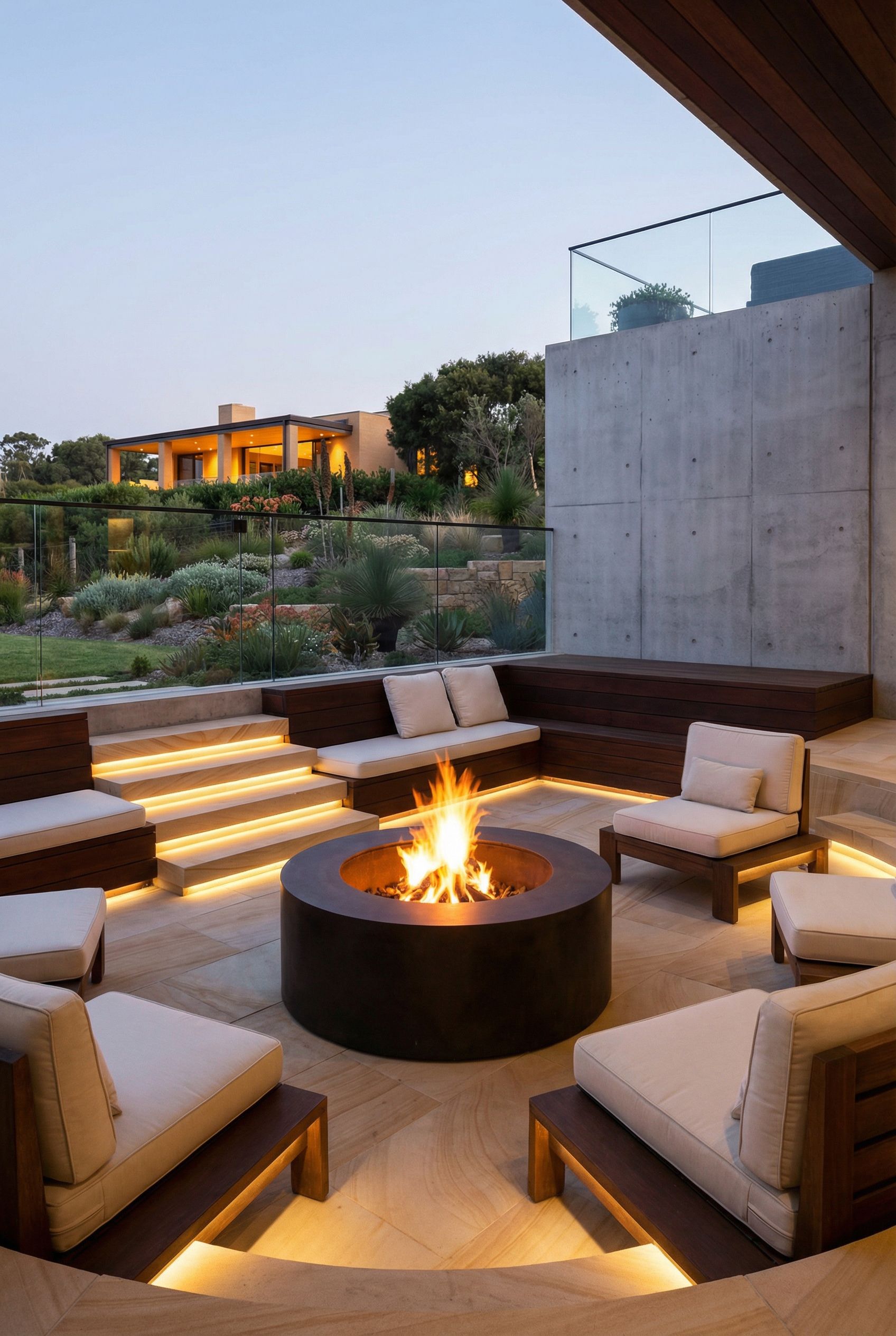 Luxury Patio with Deep Fire Pit Well and Cantilevered Stone Platforms