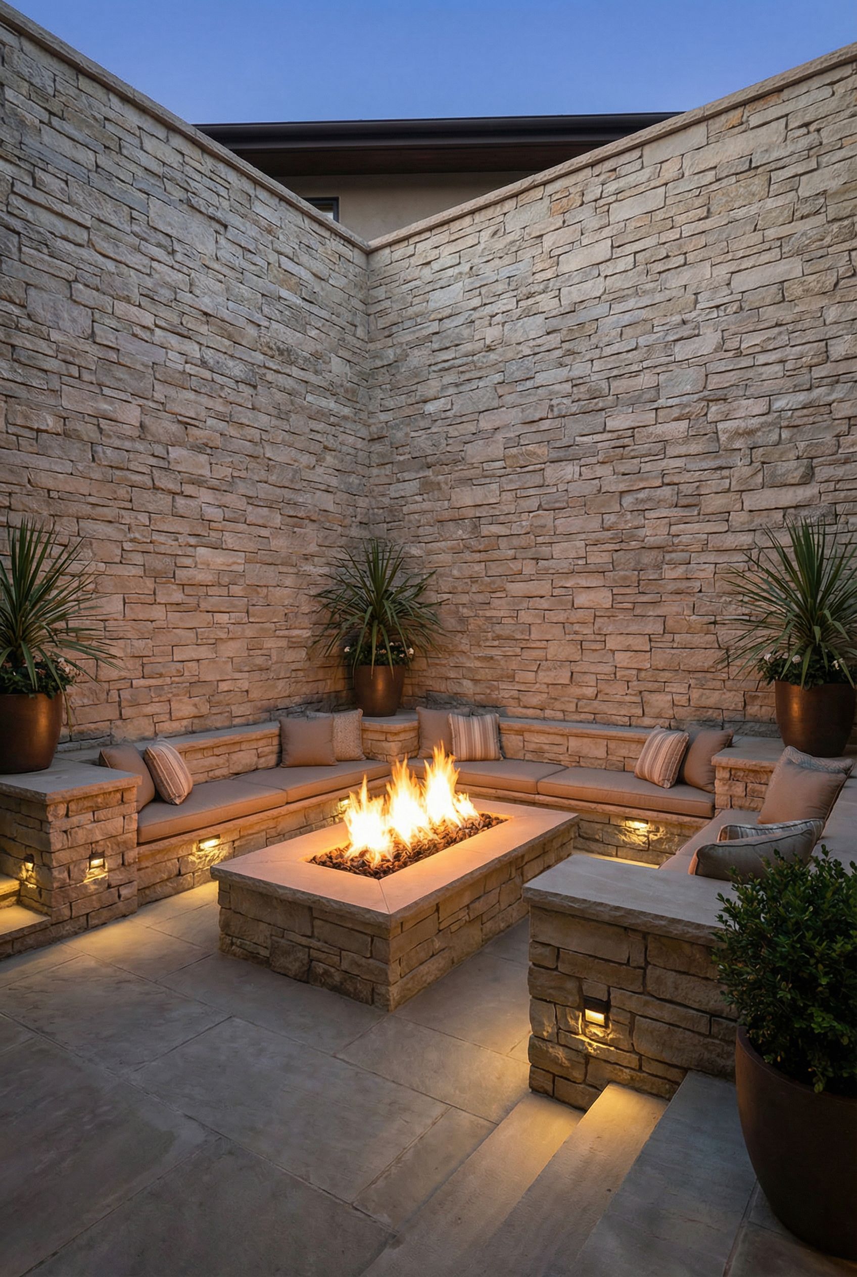 Luxury Patio with Fire Pit Nestled in a Sunken Courtyard of Layered Stone