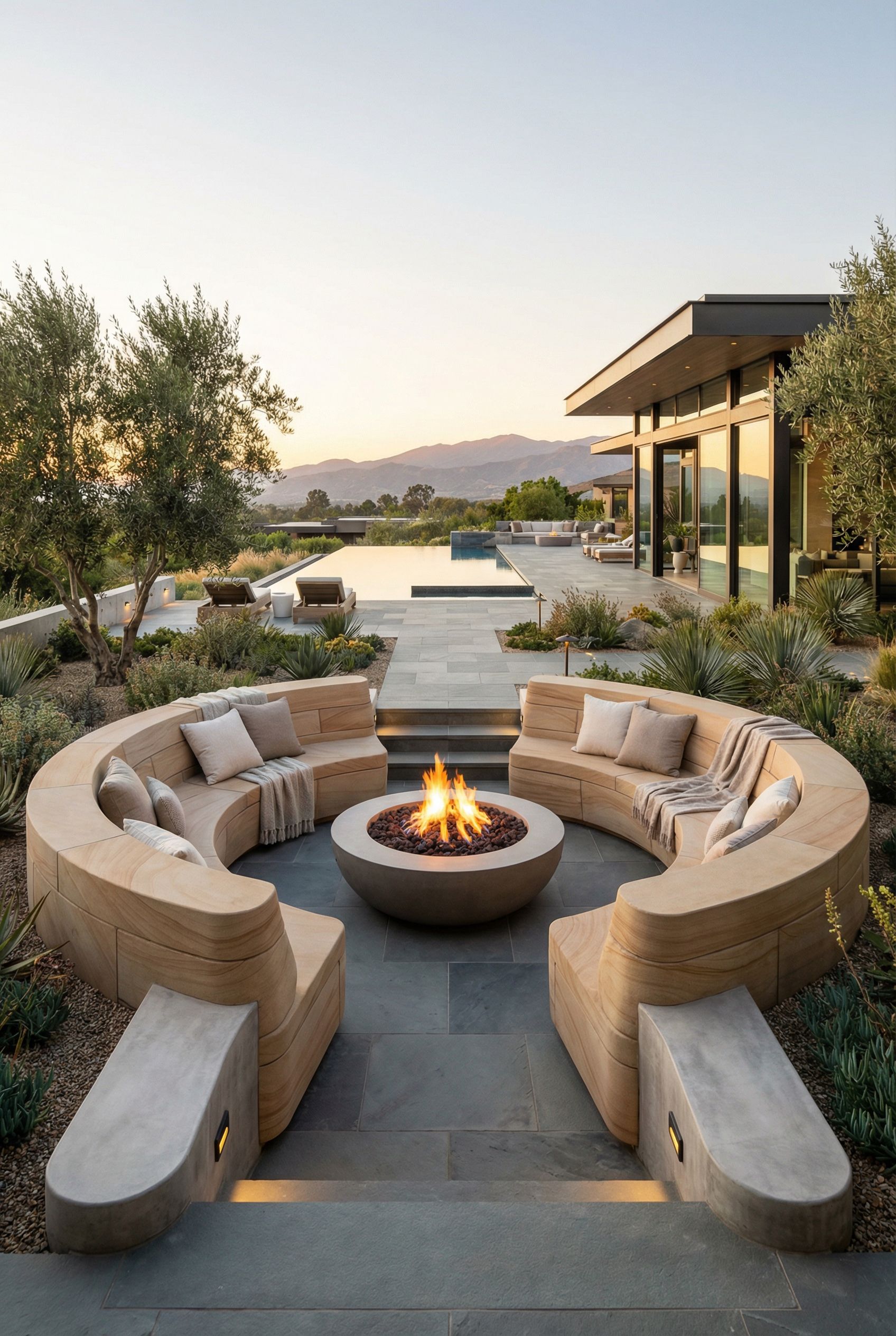 Luxury Patio with Sculptural Stone Seating Encircling a Sunken Fire Lounge