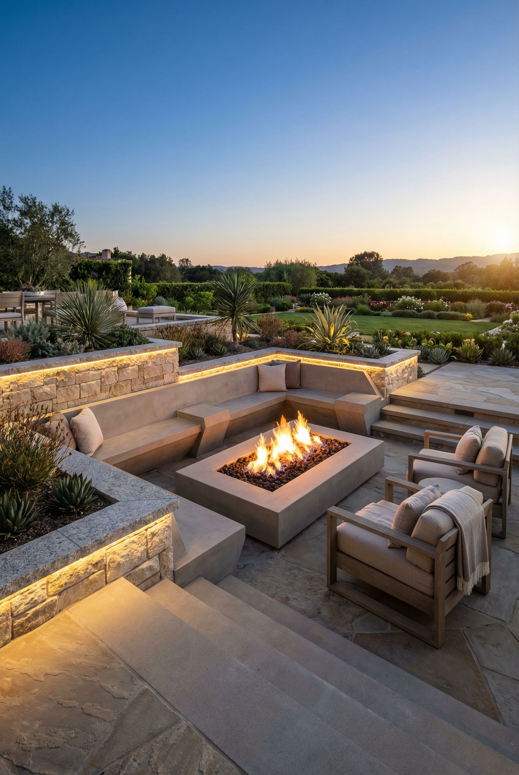 Luxury Patio with Sunken Fire Pit and Bold Angular Tiered Stone Geometry