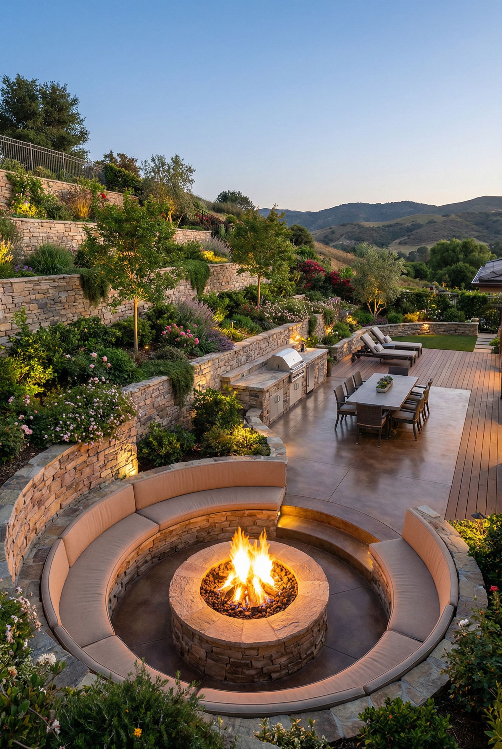 Luxury Patio with Sunken Fire Pit and Terraced Garden Walls on the Slope