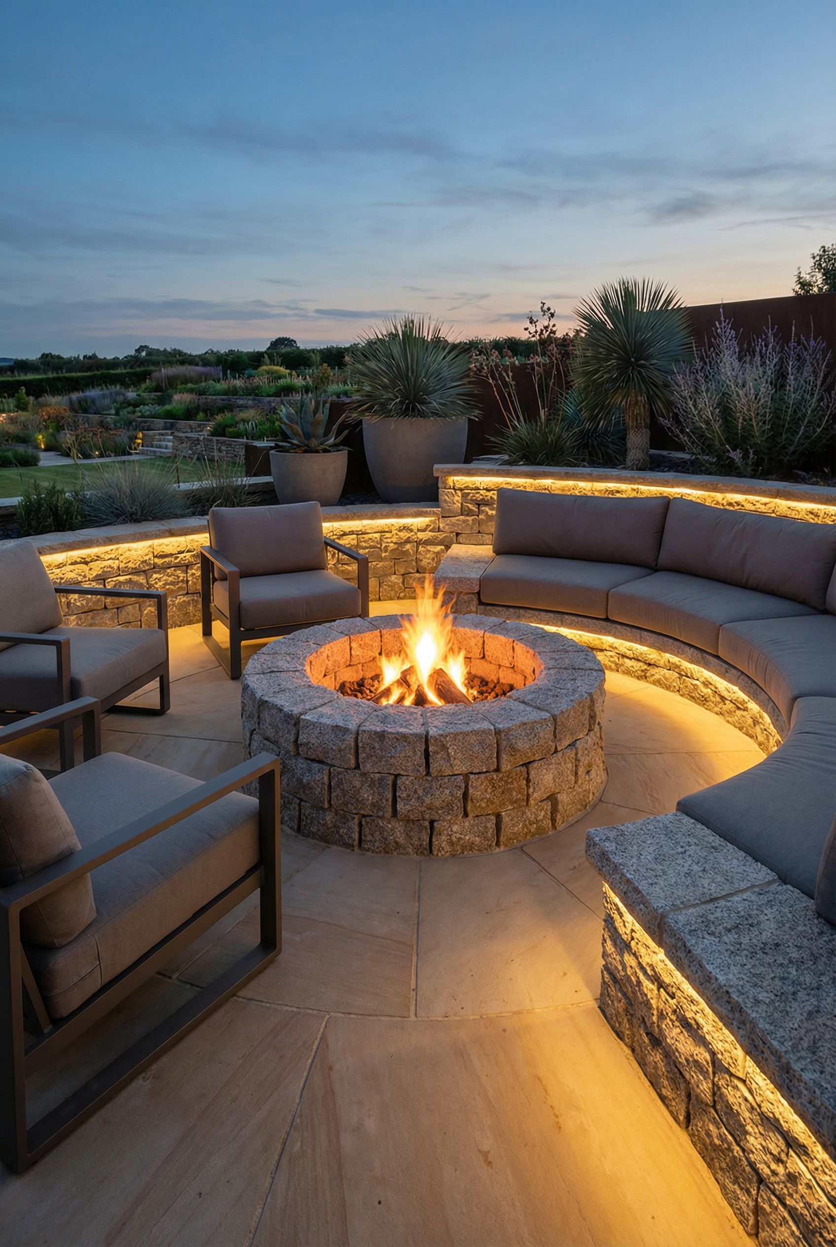 Luxury Patio with Sunken Fire Pit Framed by Massive Architectural Stone Blocks