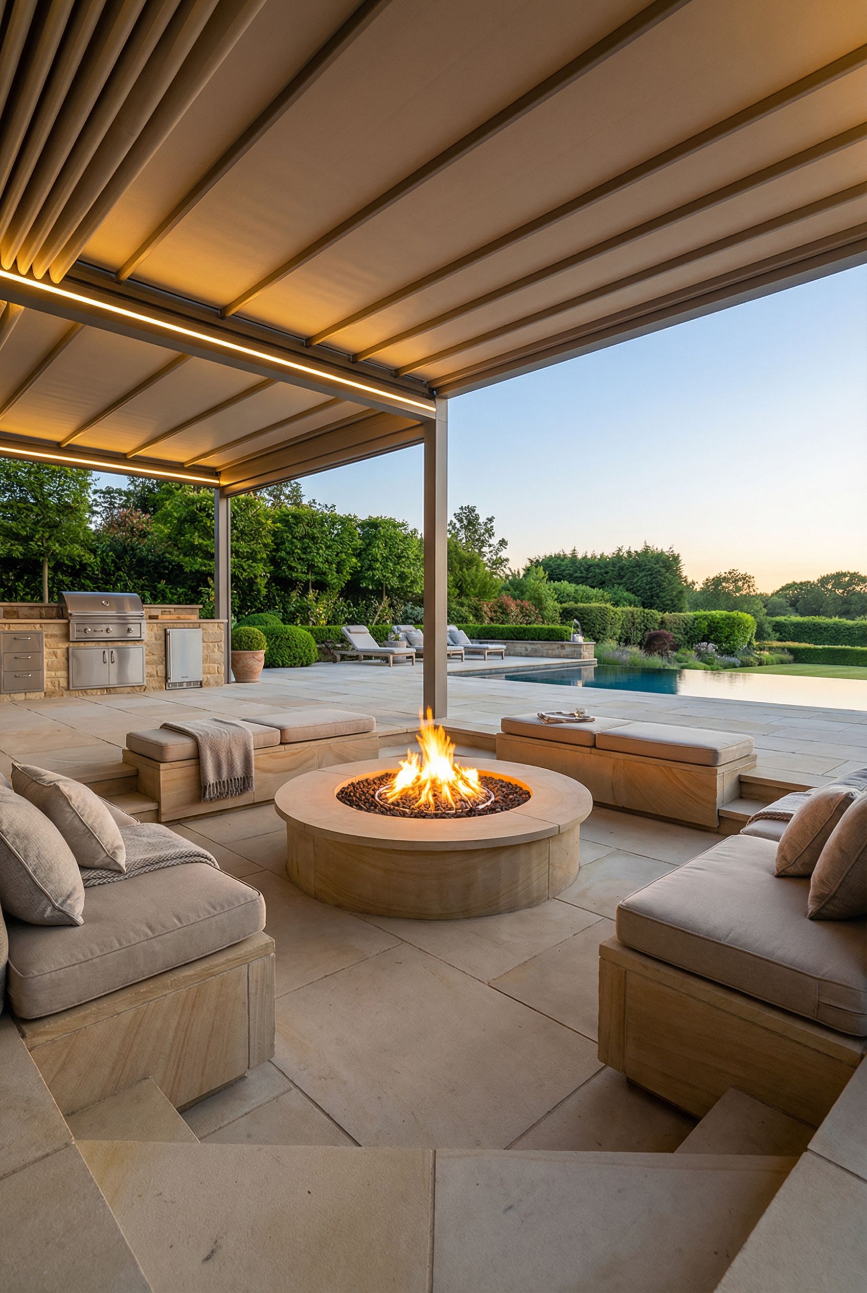 Luxury Patio with Sunken Fire Pit Surrounded by Large Stone Block Seating