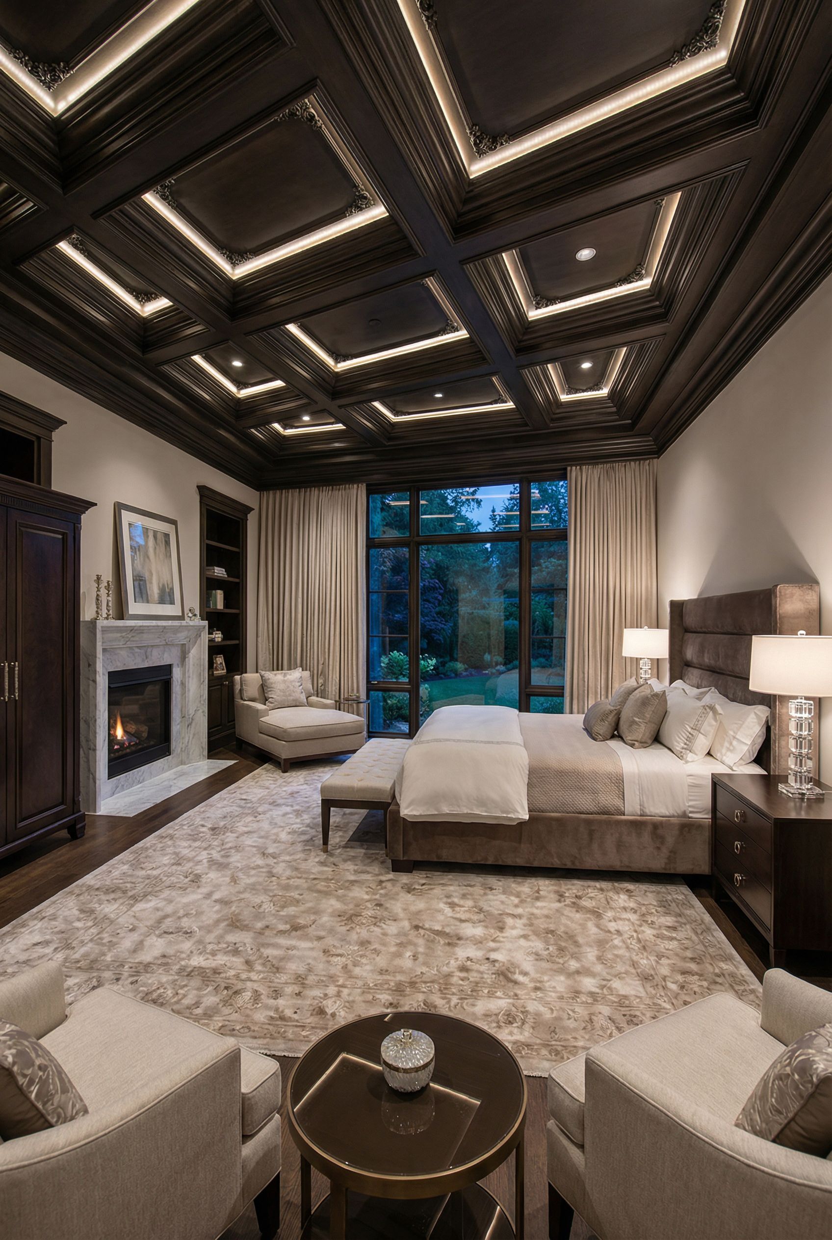Luxury Primary Bedroom Featuring Custom Coffered Ceilings