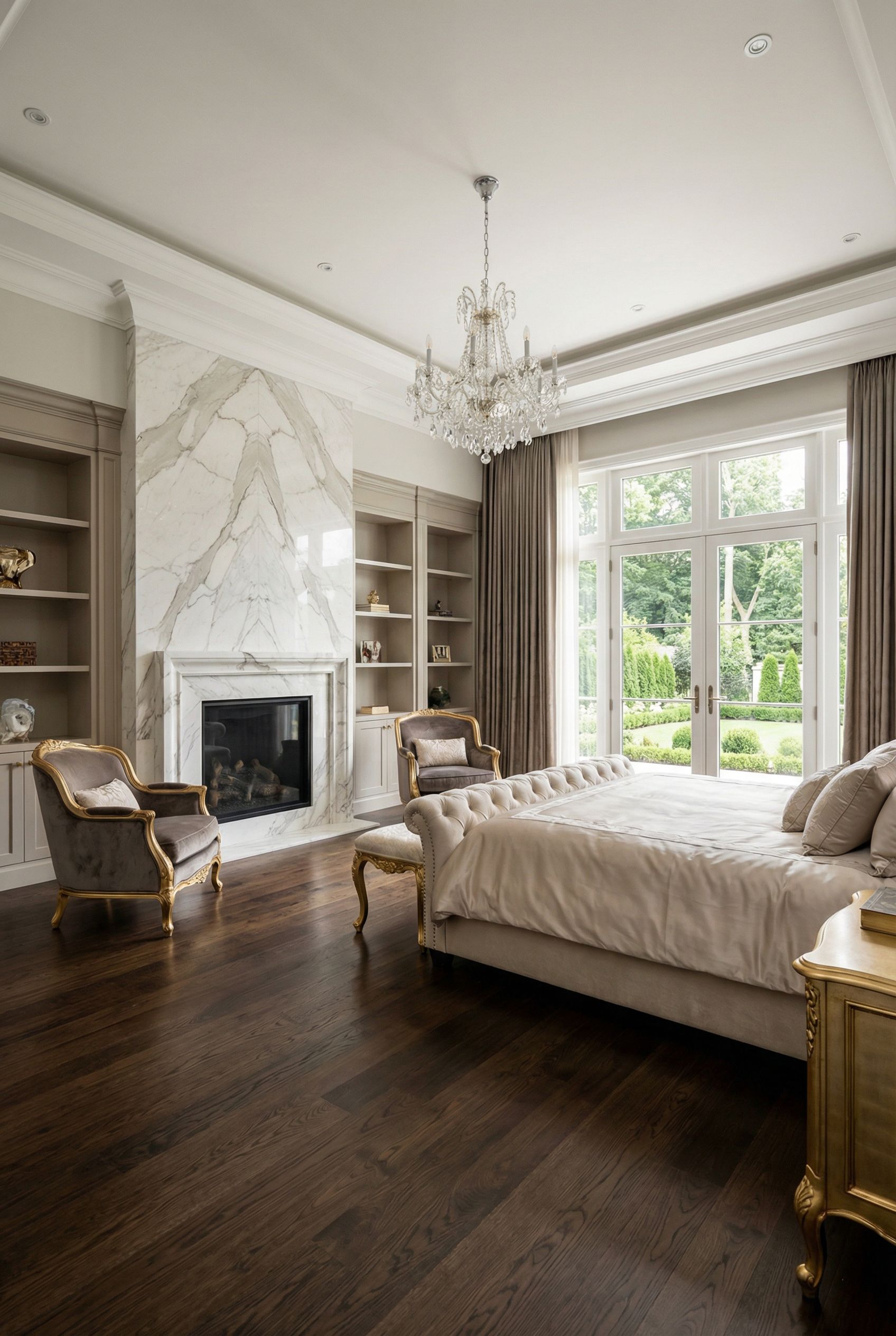 Luxury Primary Bedroom Featuring Italian Marble Fireplace