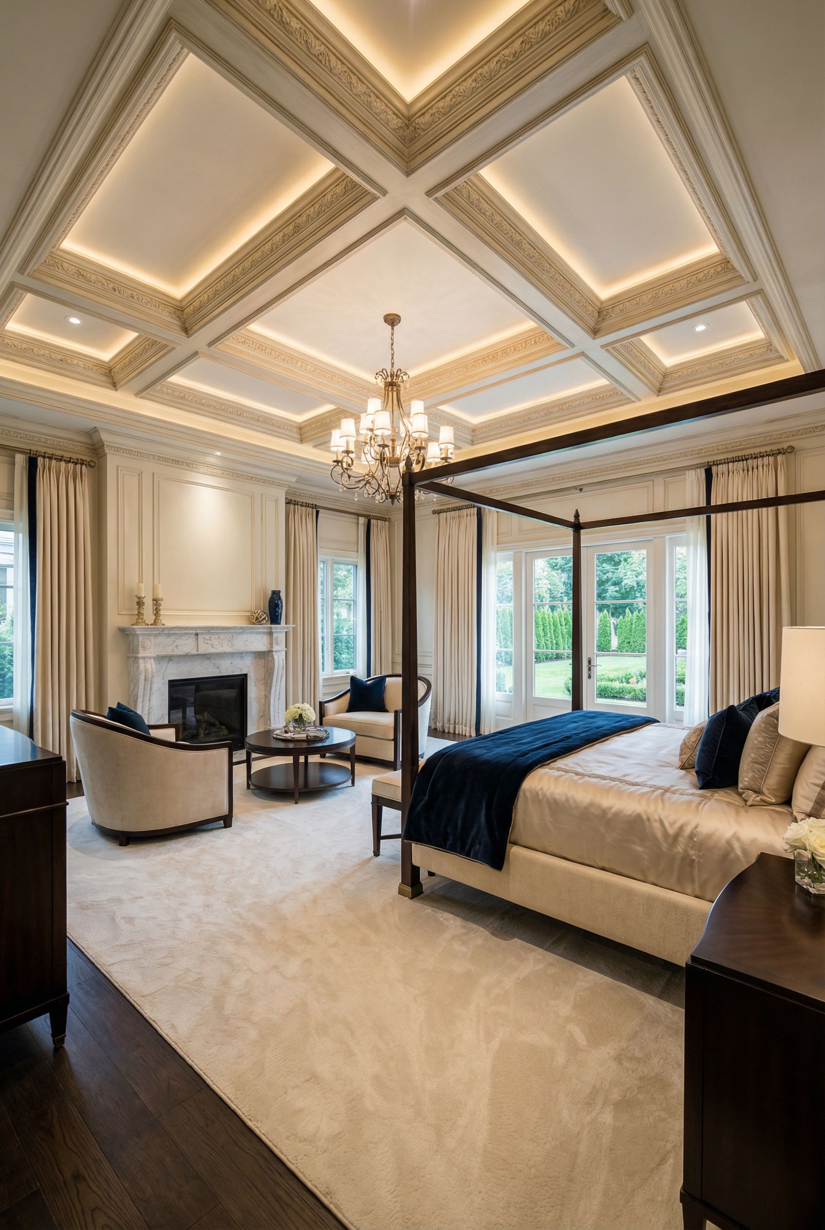 Luxury Primary Bedroom with Coffered Ceiling Details