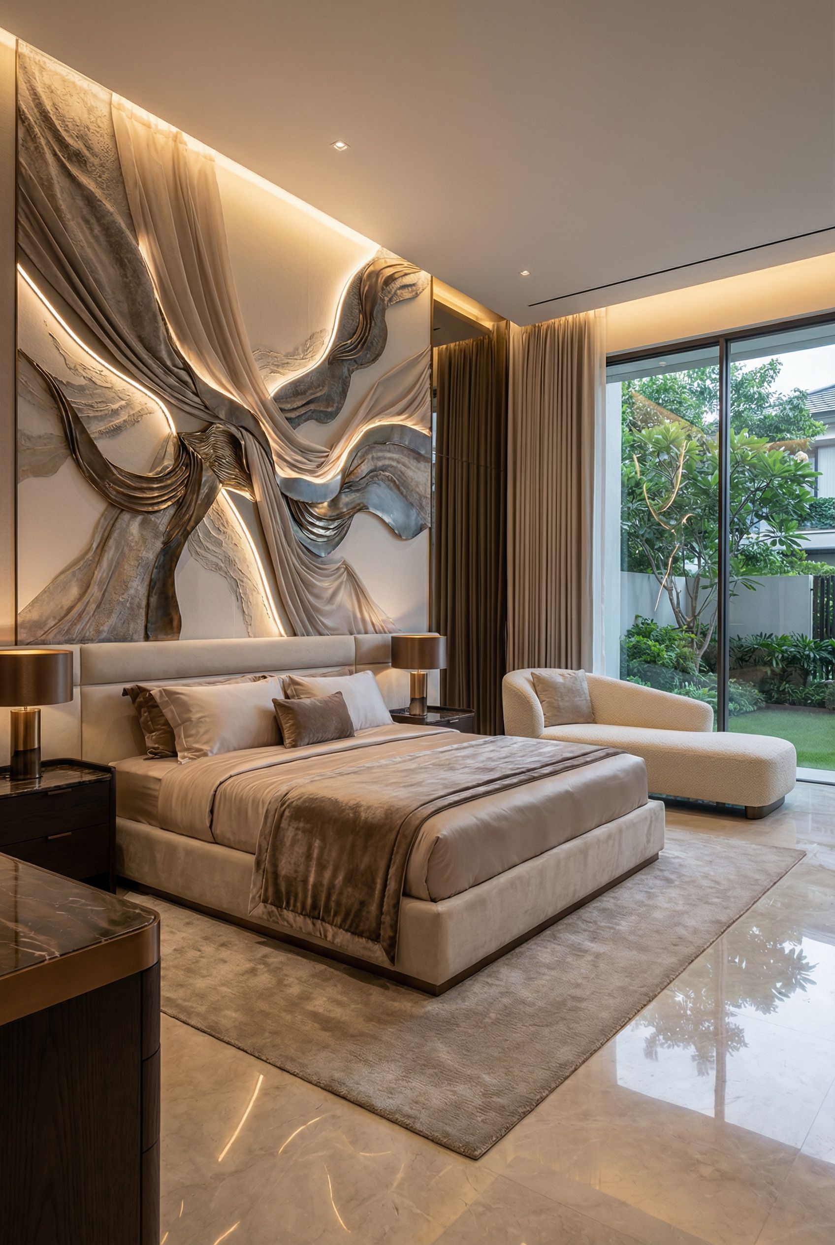 Luxury Primary Bedroom with Floor-to-Ceiling Art Installation