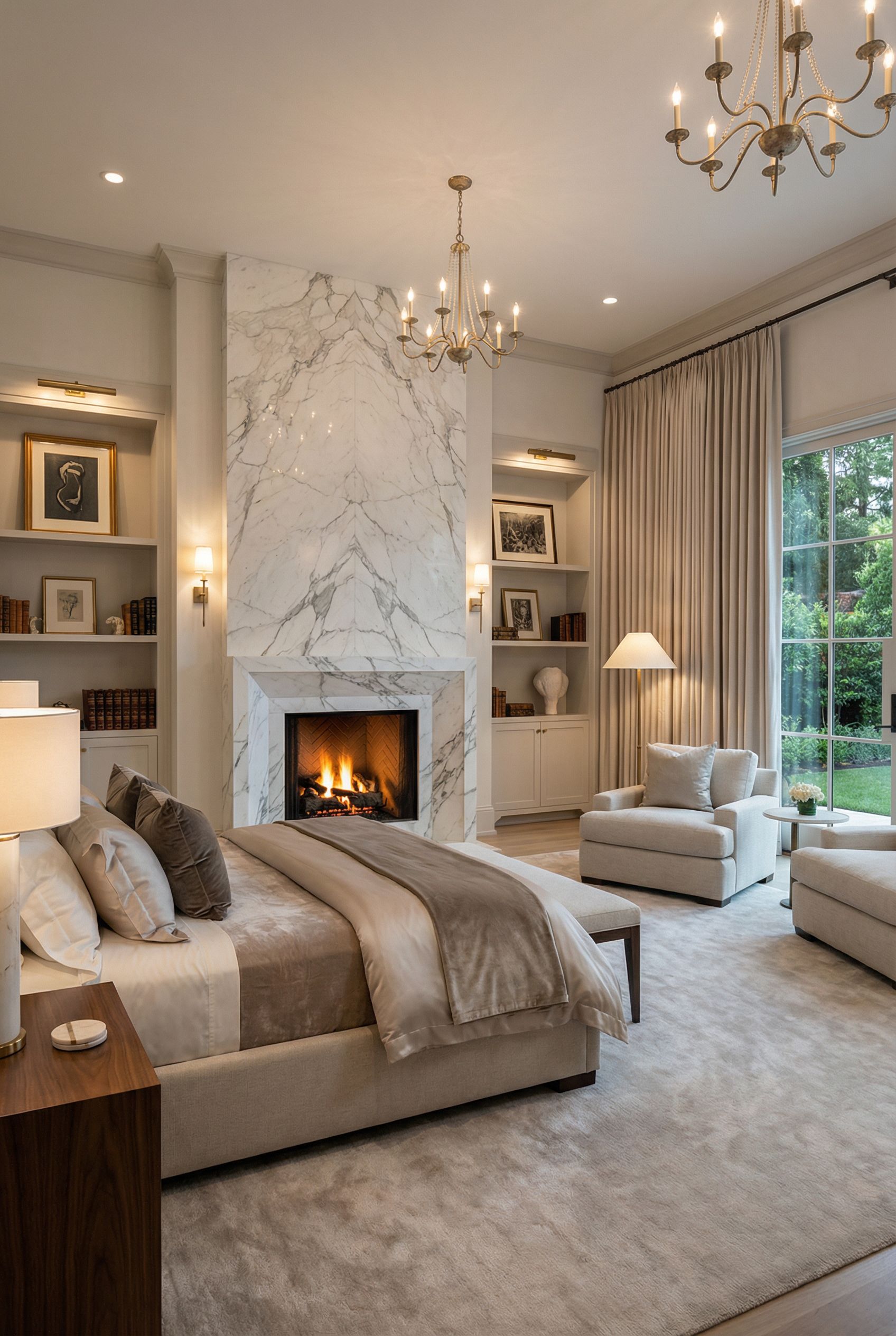 Luxury Primary Bedroom with Marble Fireplace Focal Point