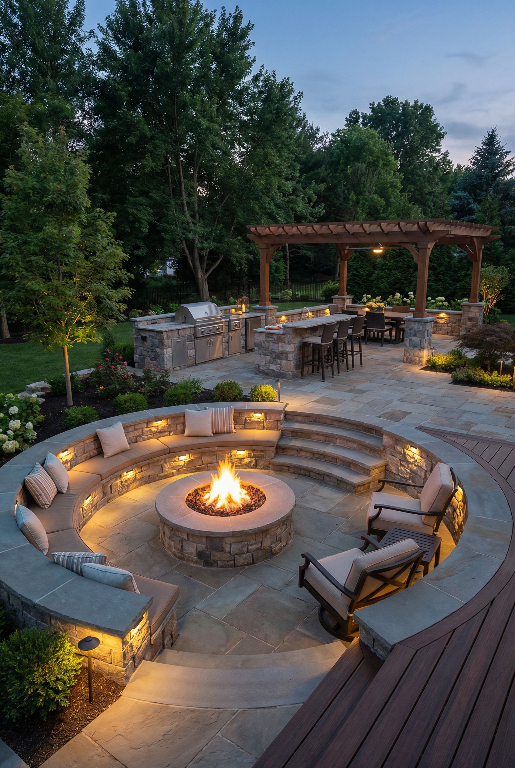 Luxury Split-Level Patio with Sunken Fire Pit and Upper Outdoor Kitchen Zone
