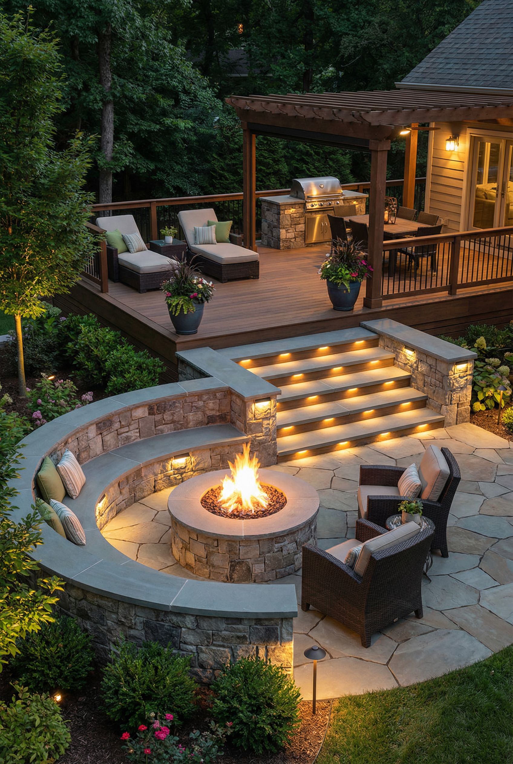 Luxury Stepped Patio with Fire Pit Lower Level and Relaxed Lounge Above