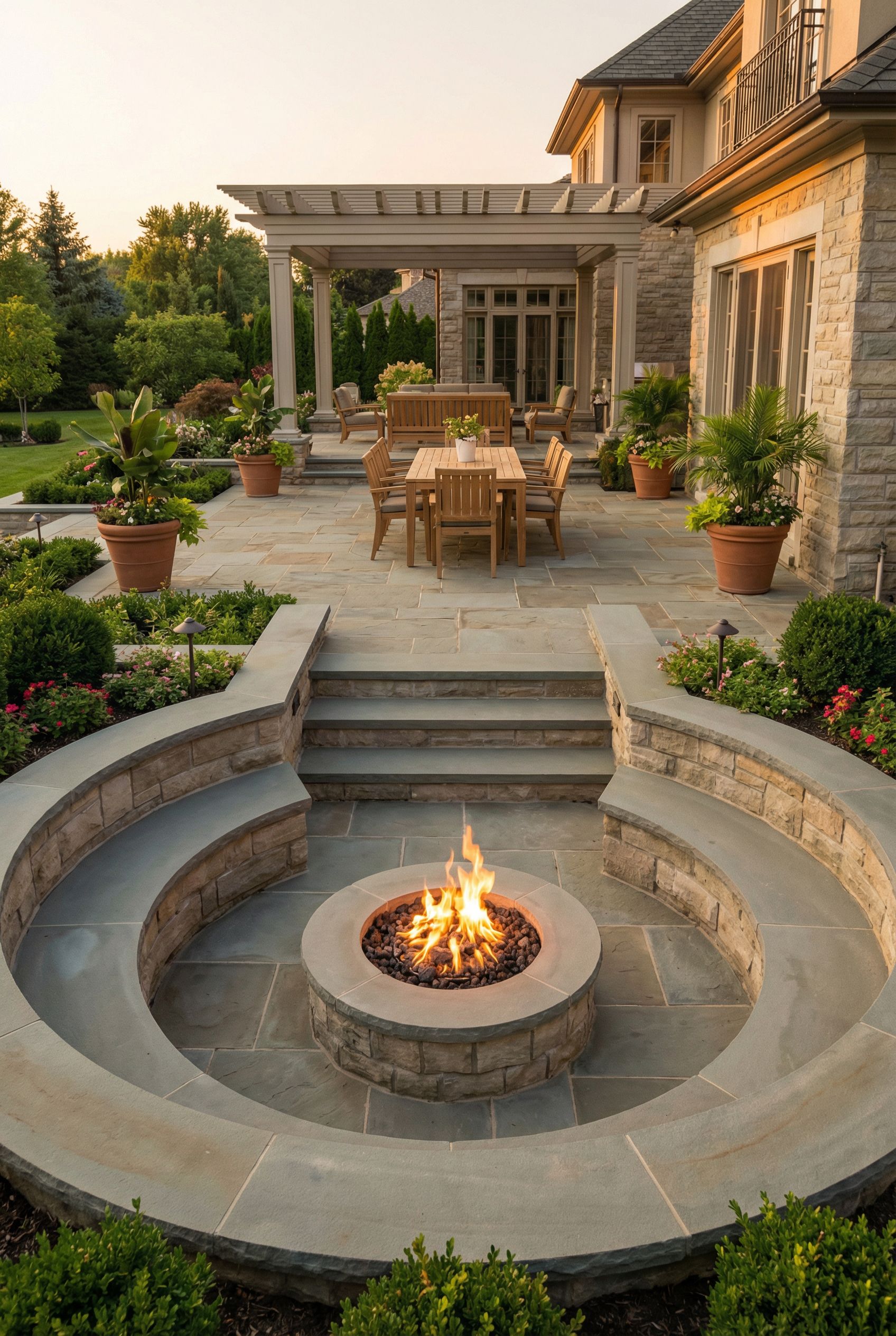 Luxury Stepped Stone Patio with Sunken Fire Pit and Elevated Dining Terrace