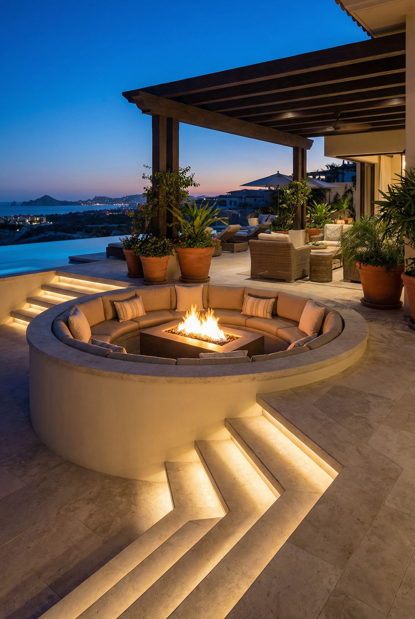 Luxury Terraced Patio with Sunken Fire Lounge and Wide Architectural Steps