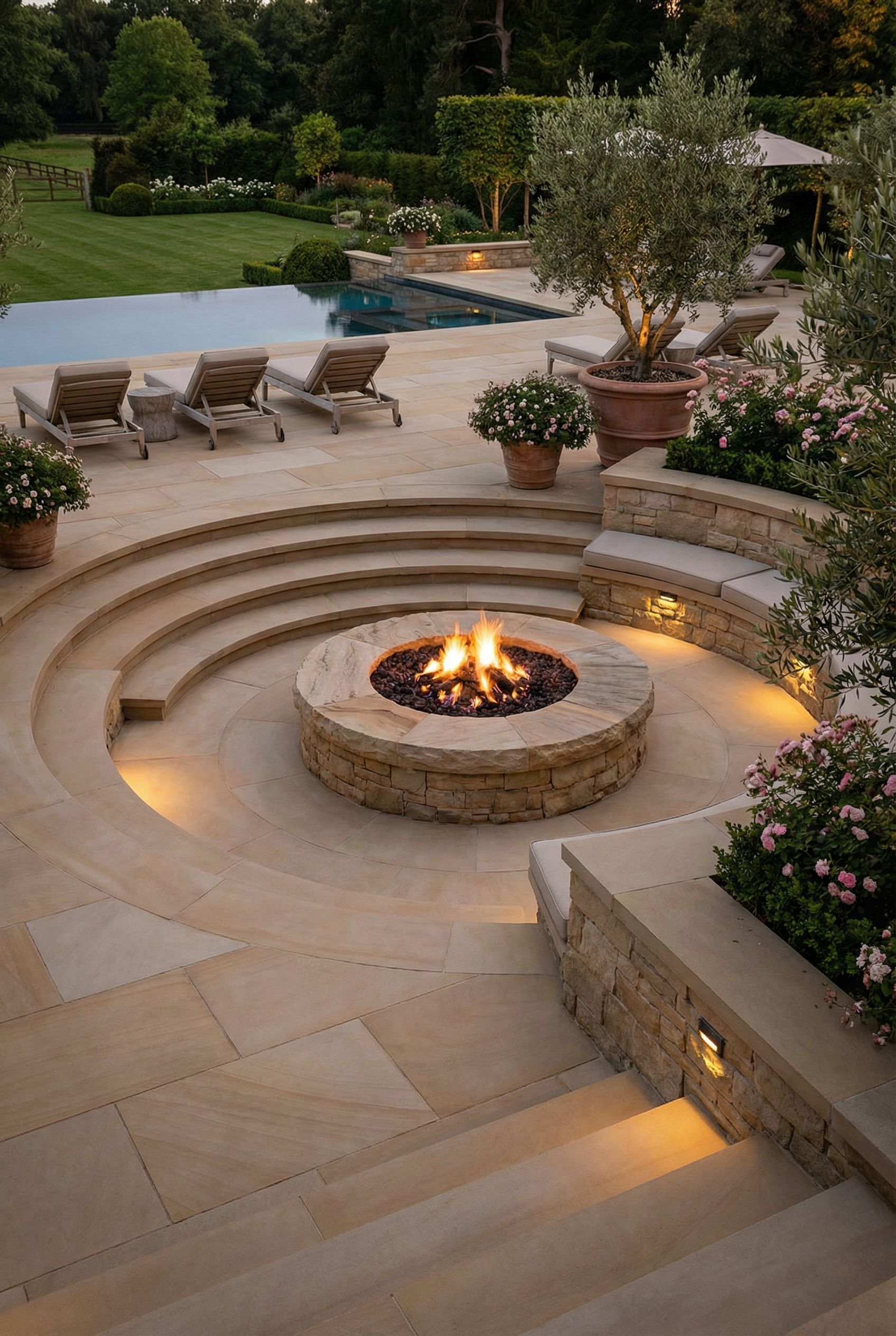 Luxury Tiered Patio with Central Sunken Fire Circle and Smooth Stone Platforms