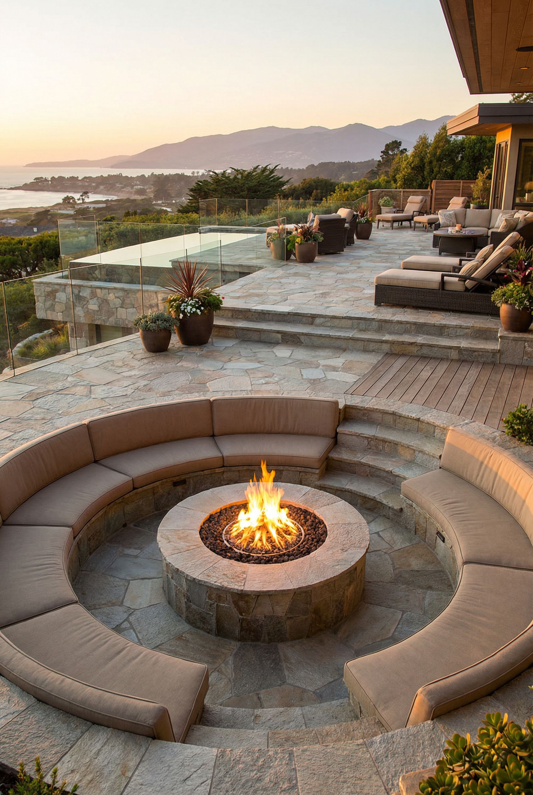 Luxury Tiered Patio with Sunken Fire Pit and Infinity-Edge Stone Platform Views