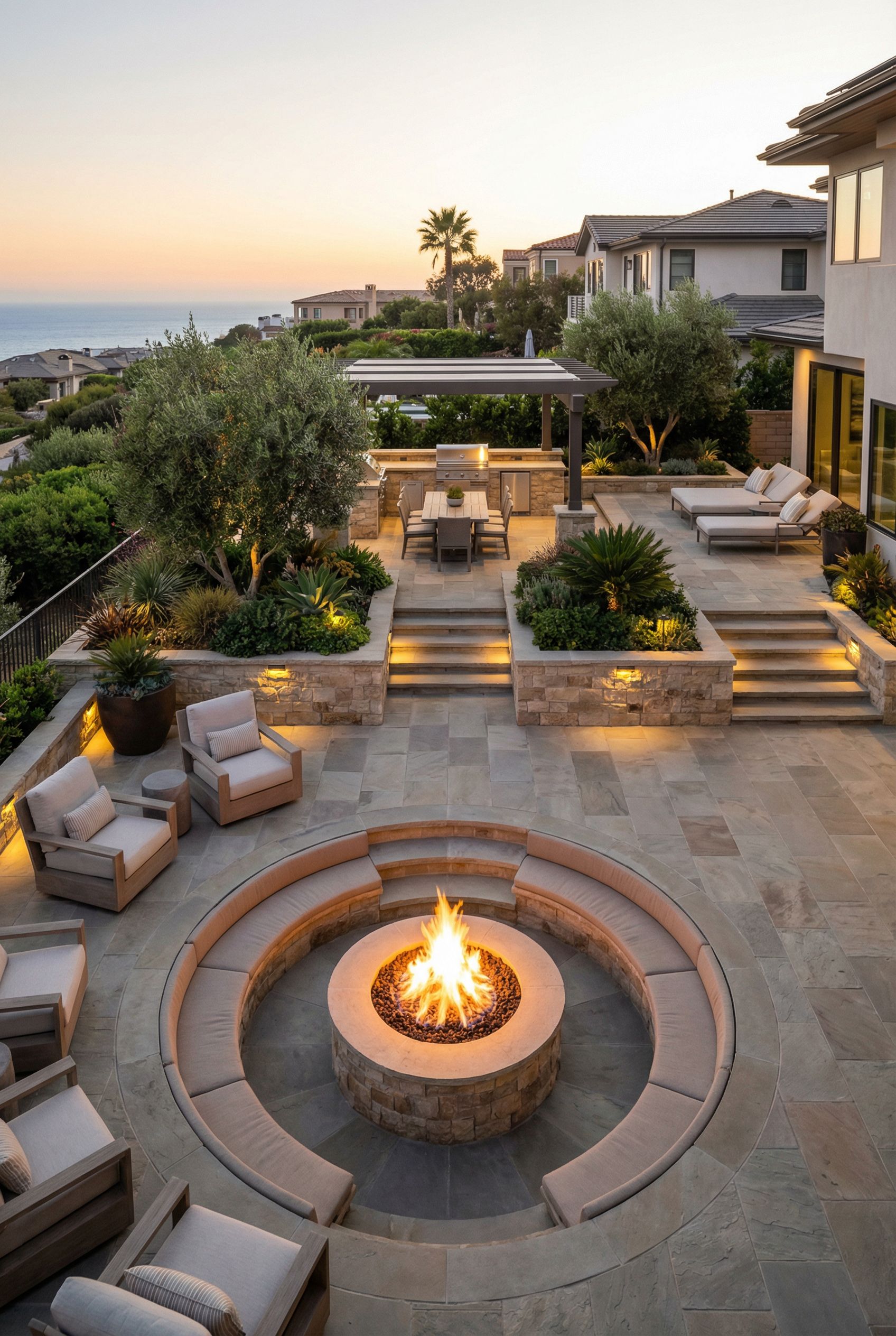Luxury Tiered Patio with Sunken Fire Pit and Raised Perimeter Planter Walls