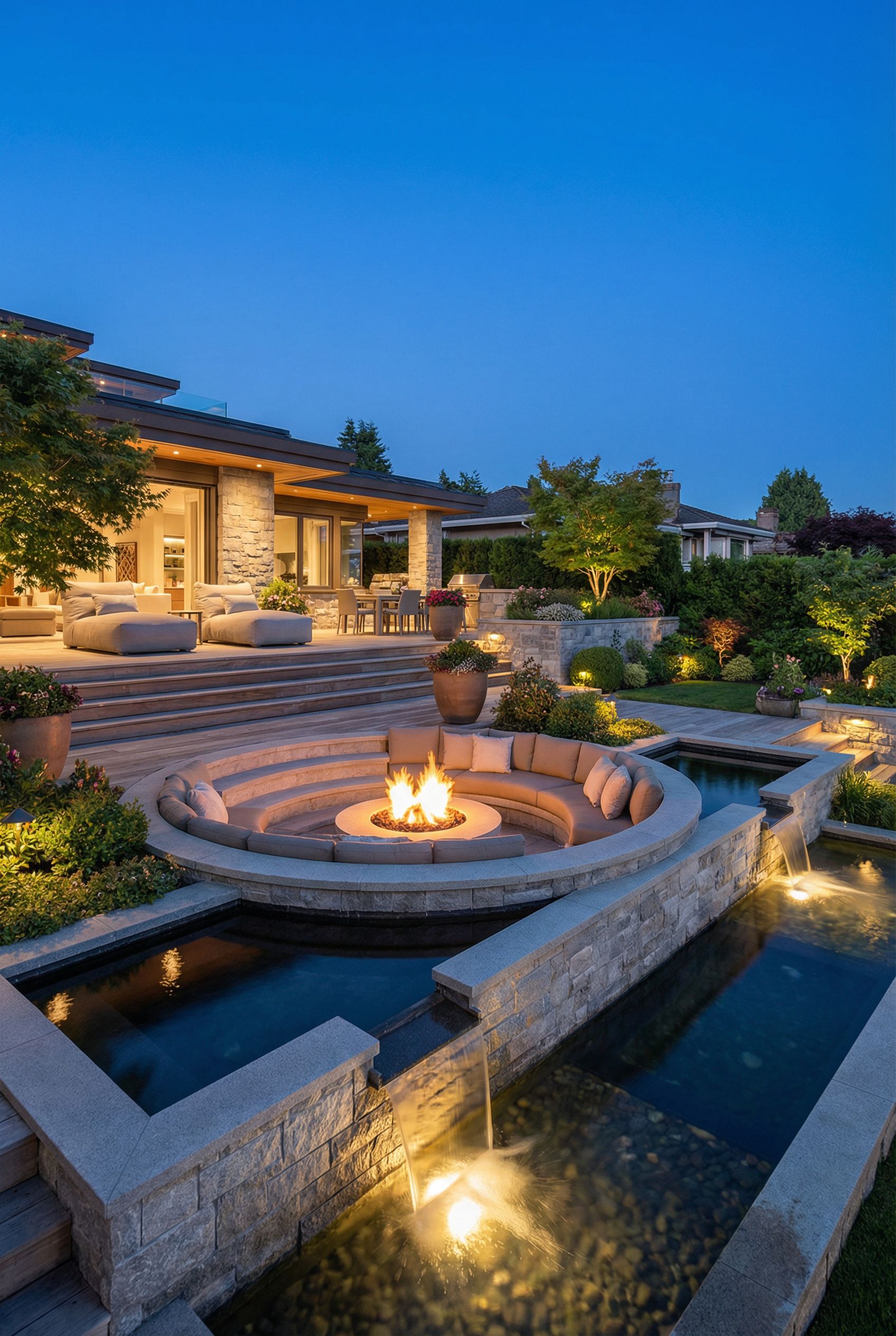 Luxury Tiered Patio with Sunken Fire Pit Overlooking a Water Feature Terrace