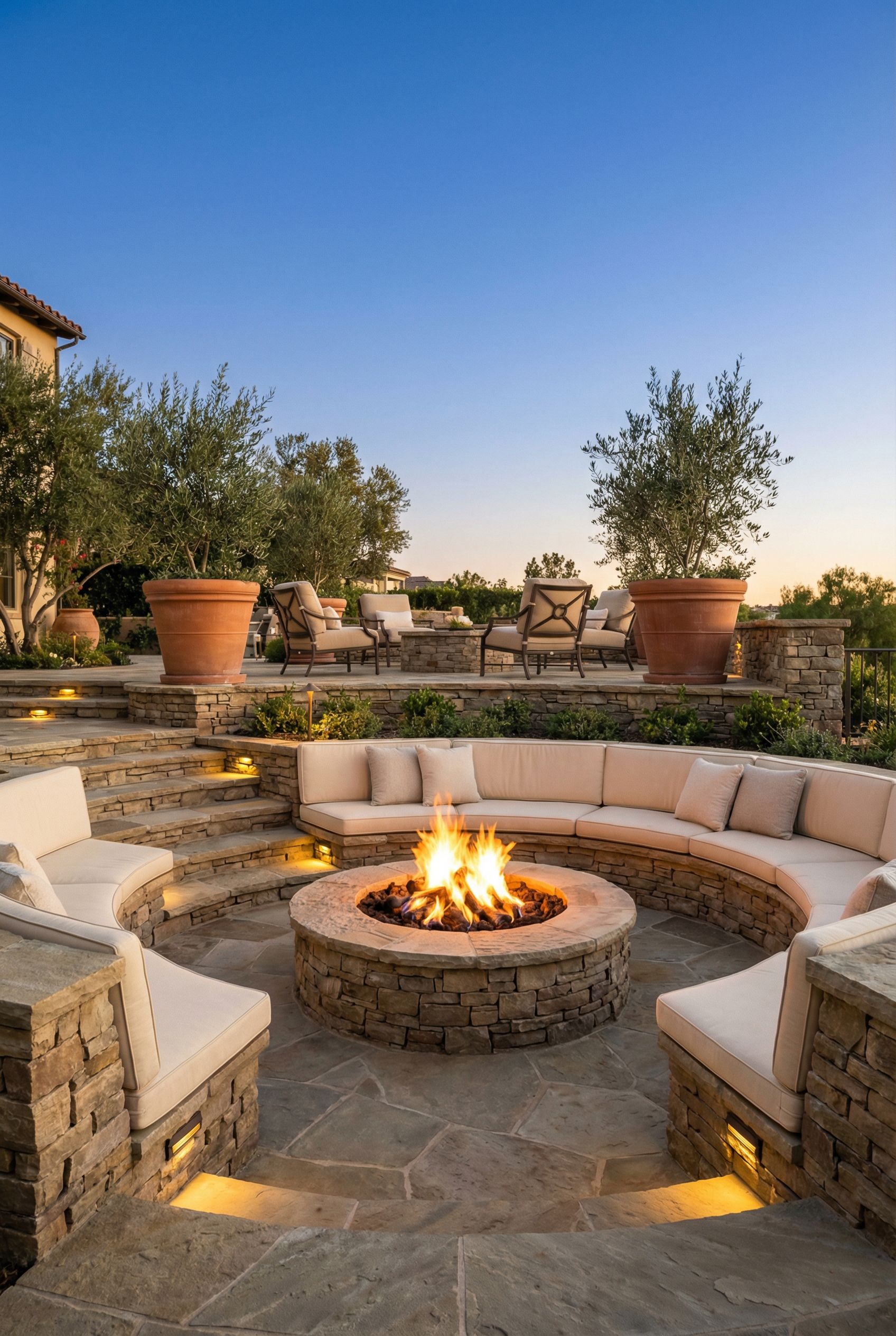 Luxury Tiered Stone Patio with Deep Fire Pit Lounge and Built-In Bench Seating