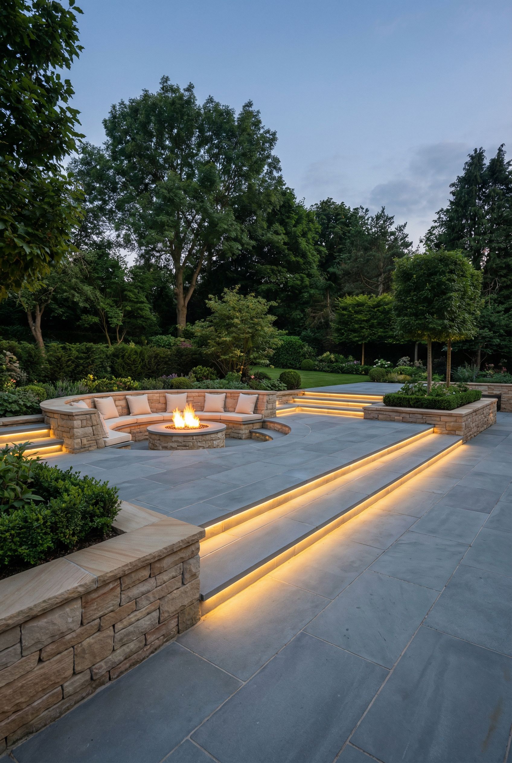 Luxury Tiered Stone Patio with Sunken Fire Lounge and Subtle LED Step Lighting