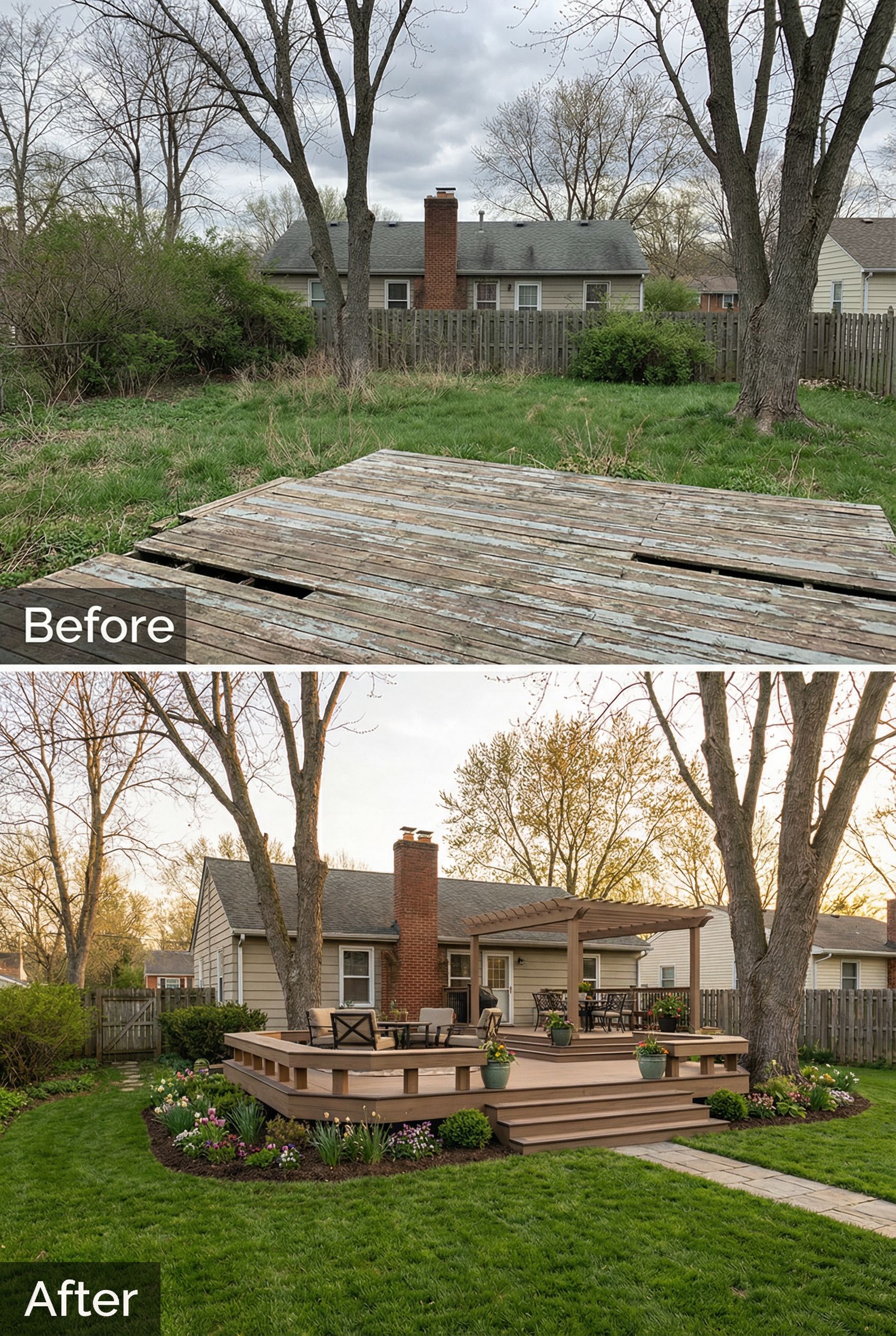 Minimal backyard deck expanded into a tiered outdoor living suite