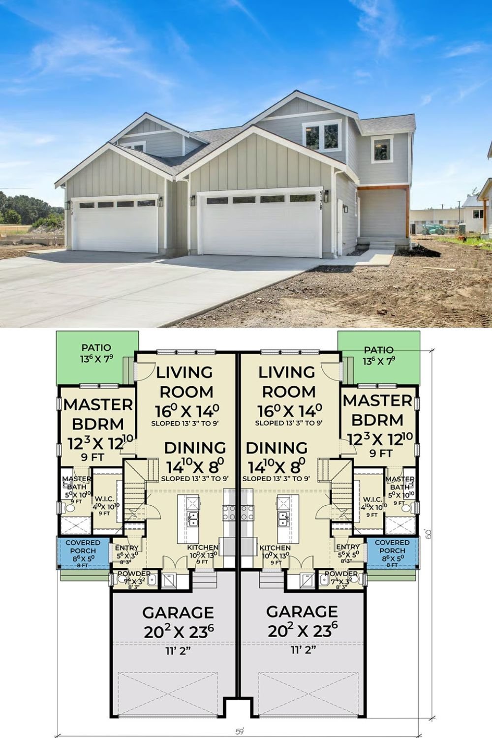 Modern Craftsman Duplex with 3-Bed Units and Double Garage (Floor Plan)