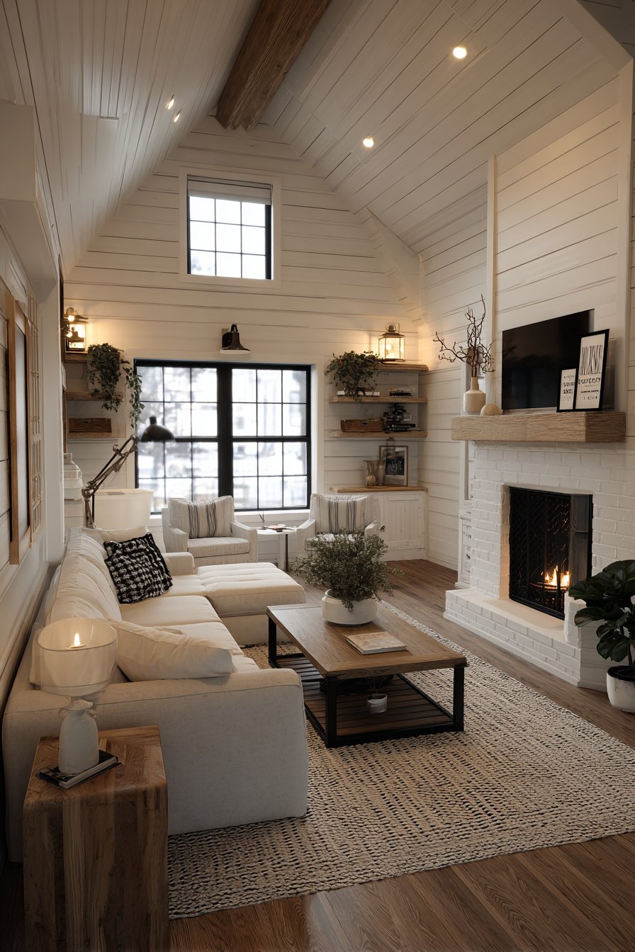 Modern farmhouse living room designed as a separate room with shiplap walls, warm neutrals, and no open concept layout