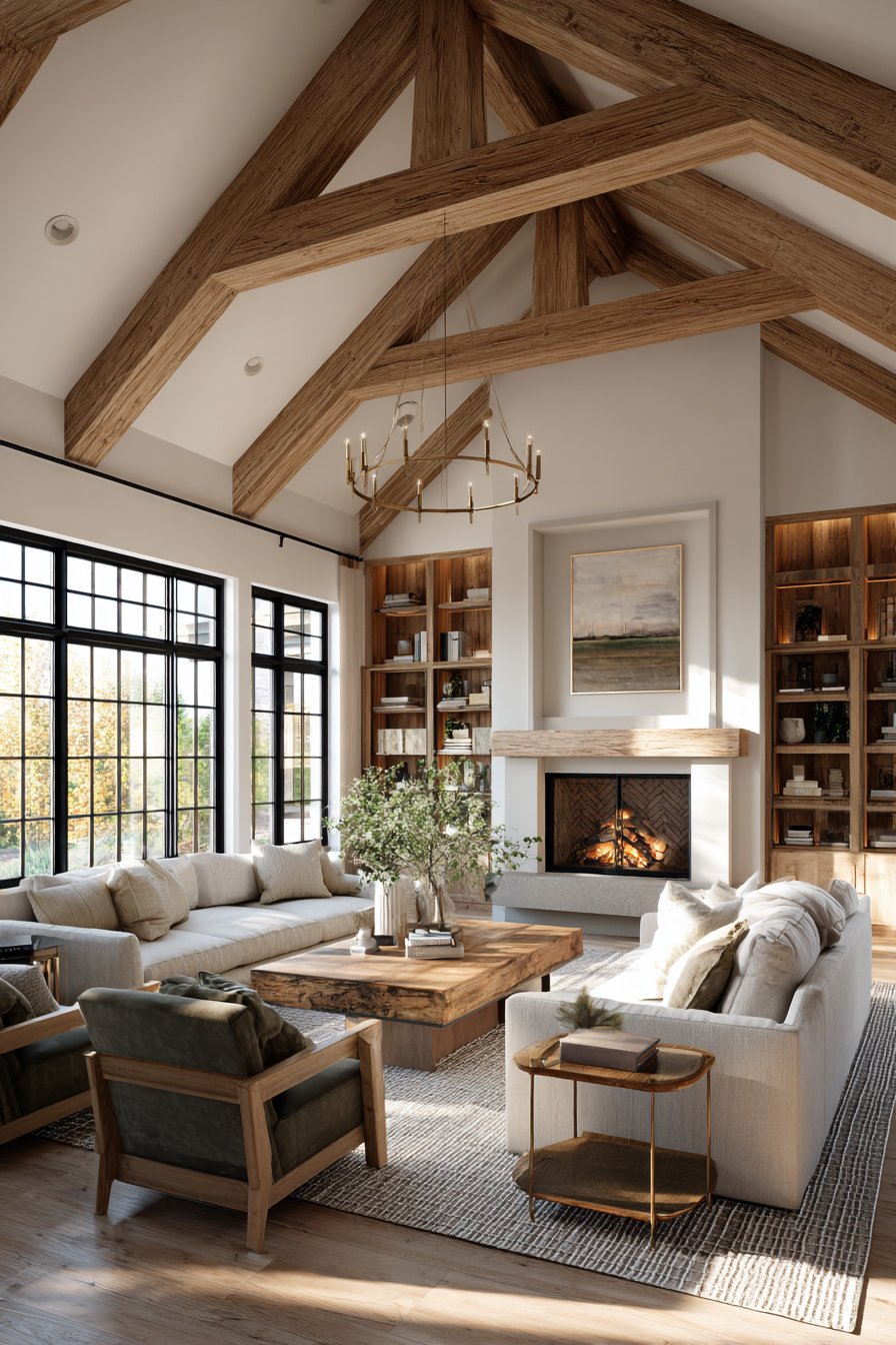 Modern farmhouse living room with enclosed layout, cozy seating area, wood beams, fireplace focal point, not open concept