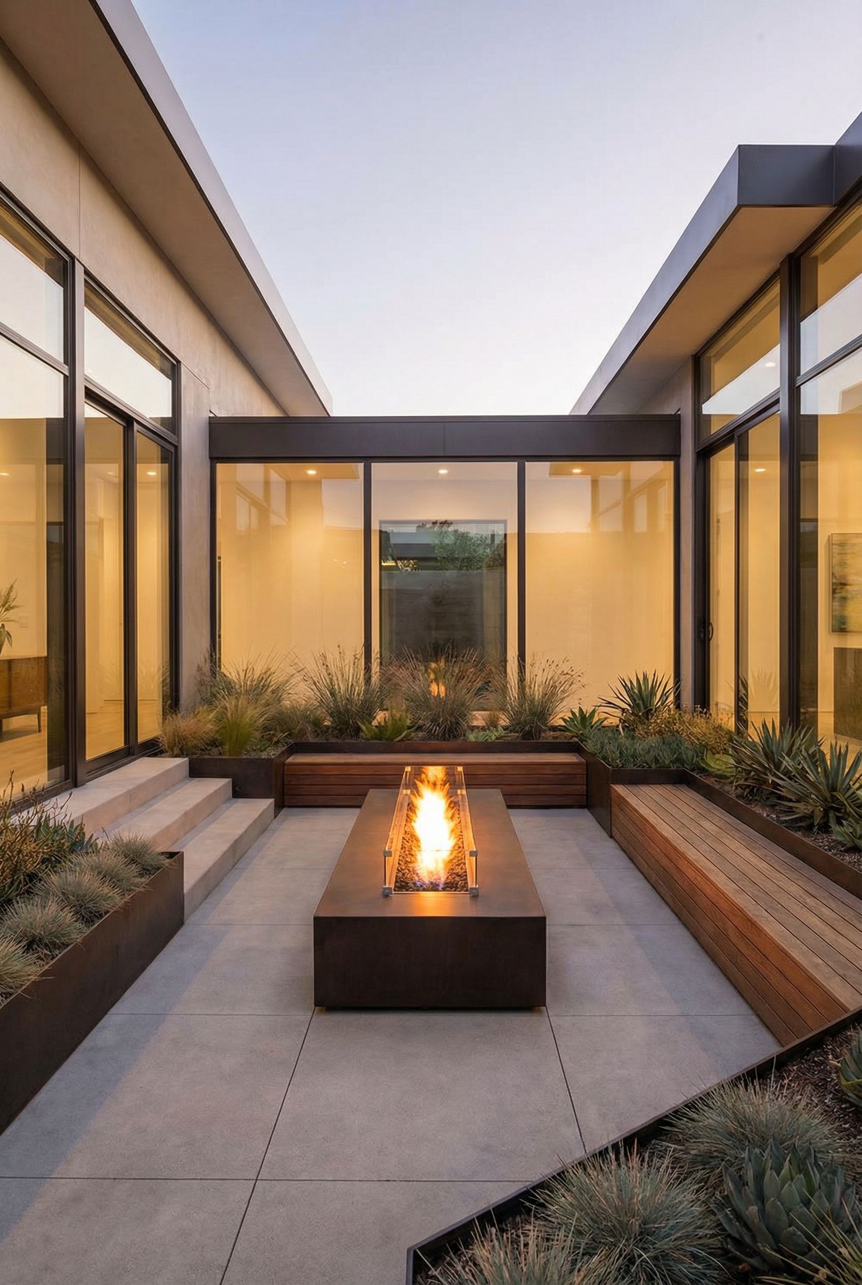 Modern full-surround courtyard featuring minimalist plant beds and a glowing fire feature
