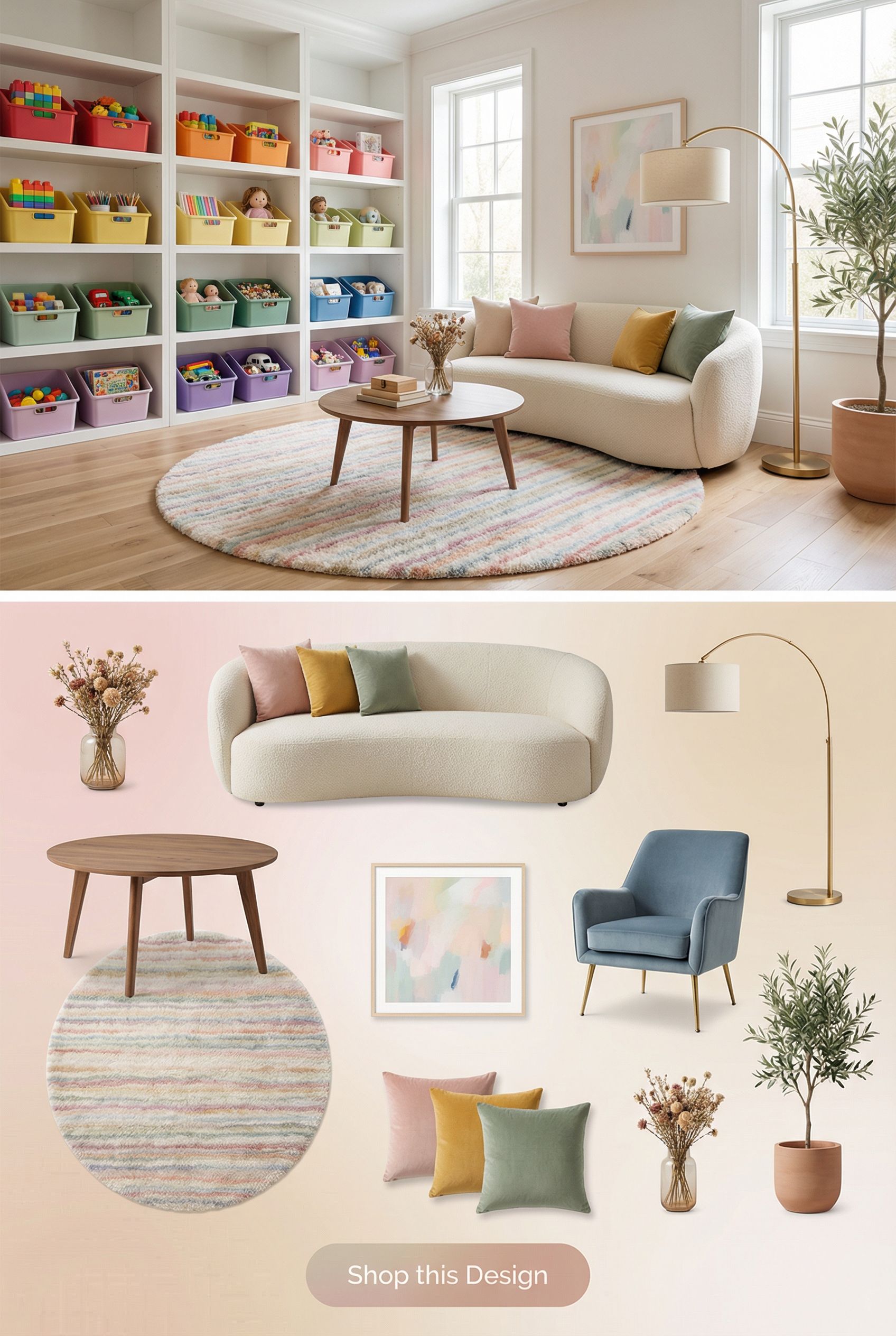 Modern Playroom with Rainbow Color-Coded Toy Bins and Label System